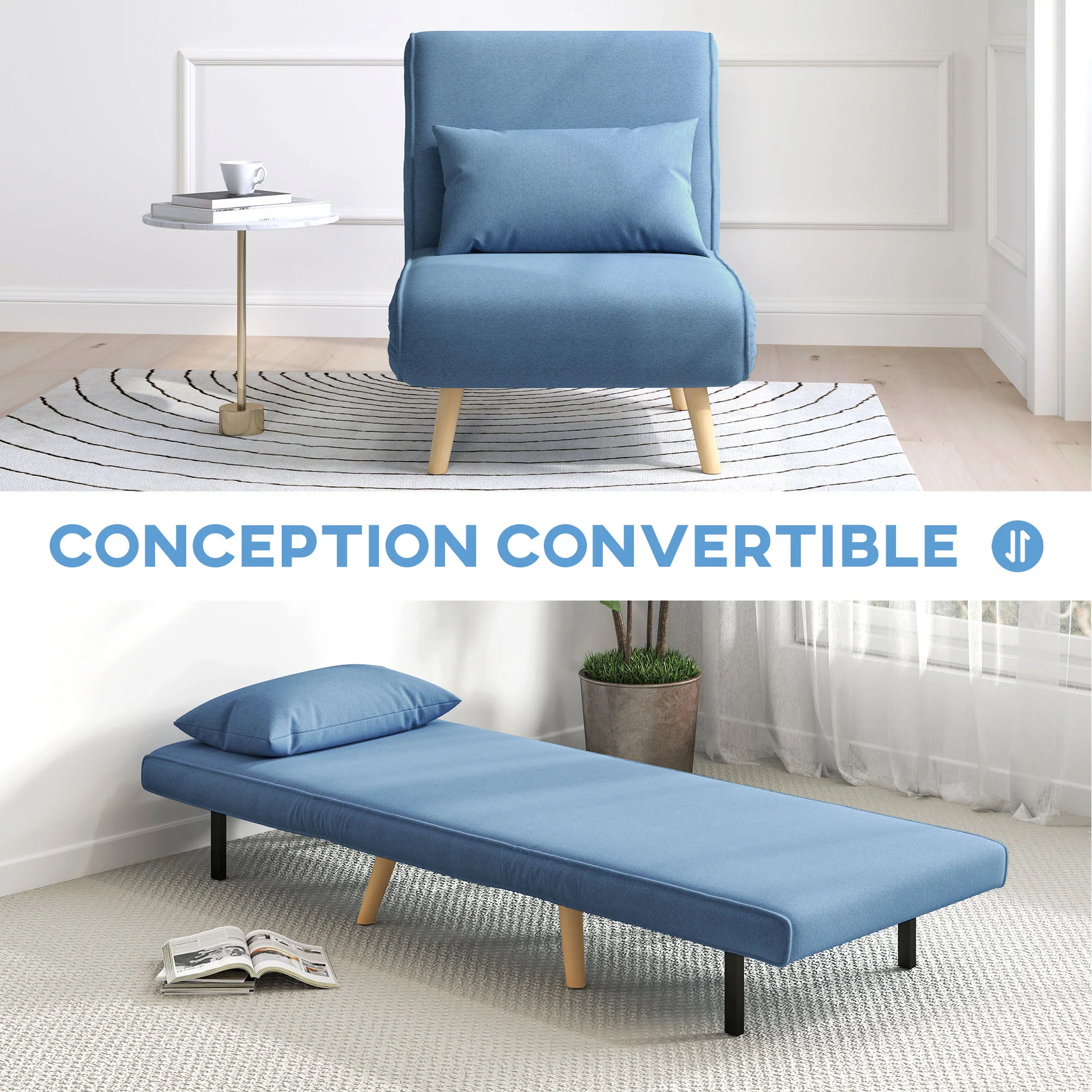3 en 1 fauteuil convertible 1 place, fauteuil lit et chauffeuse - dossier inclinable 5 niveaux et oreiller inclus, siège rembourré - pour bureau, salon, chambre à coucher, bleu - Image 5