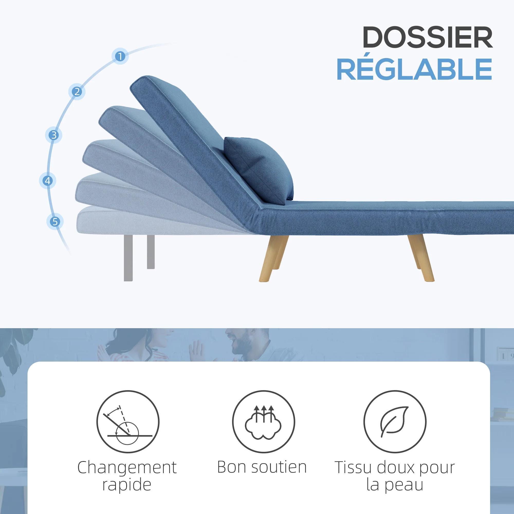 3 en 1 fauteuil convertible 1 place, fauteuil lit et chauffeuse - dossier inclinable 5 niveaux et oreiller inclus, siège rembourré - pour bureau, salon, chambre à coucher, bleu - Image 6