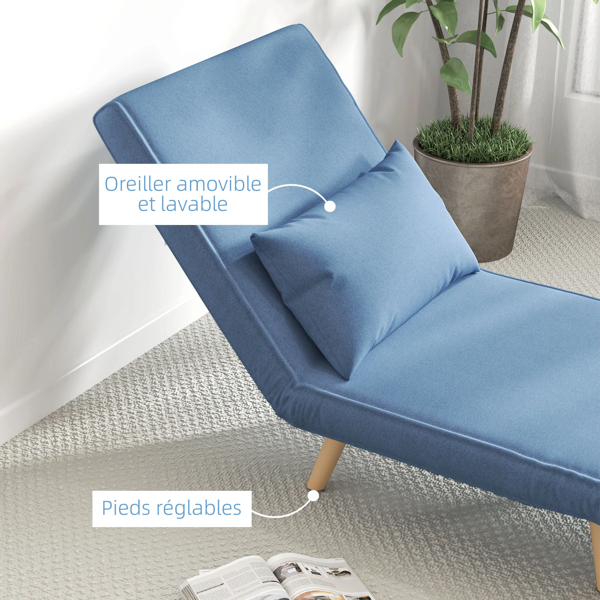 3 en 1 fauteuil convertible 1 place, fauteuil lit et chauffeuse - dossier inclinable 5 niveaux et oreiller inclus, siège rembourré - pour bureau, salon, chambre à coucher, bleu - Image 8