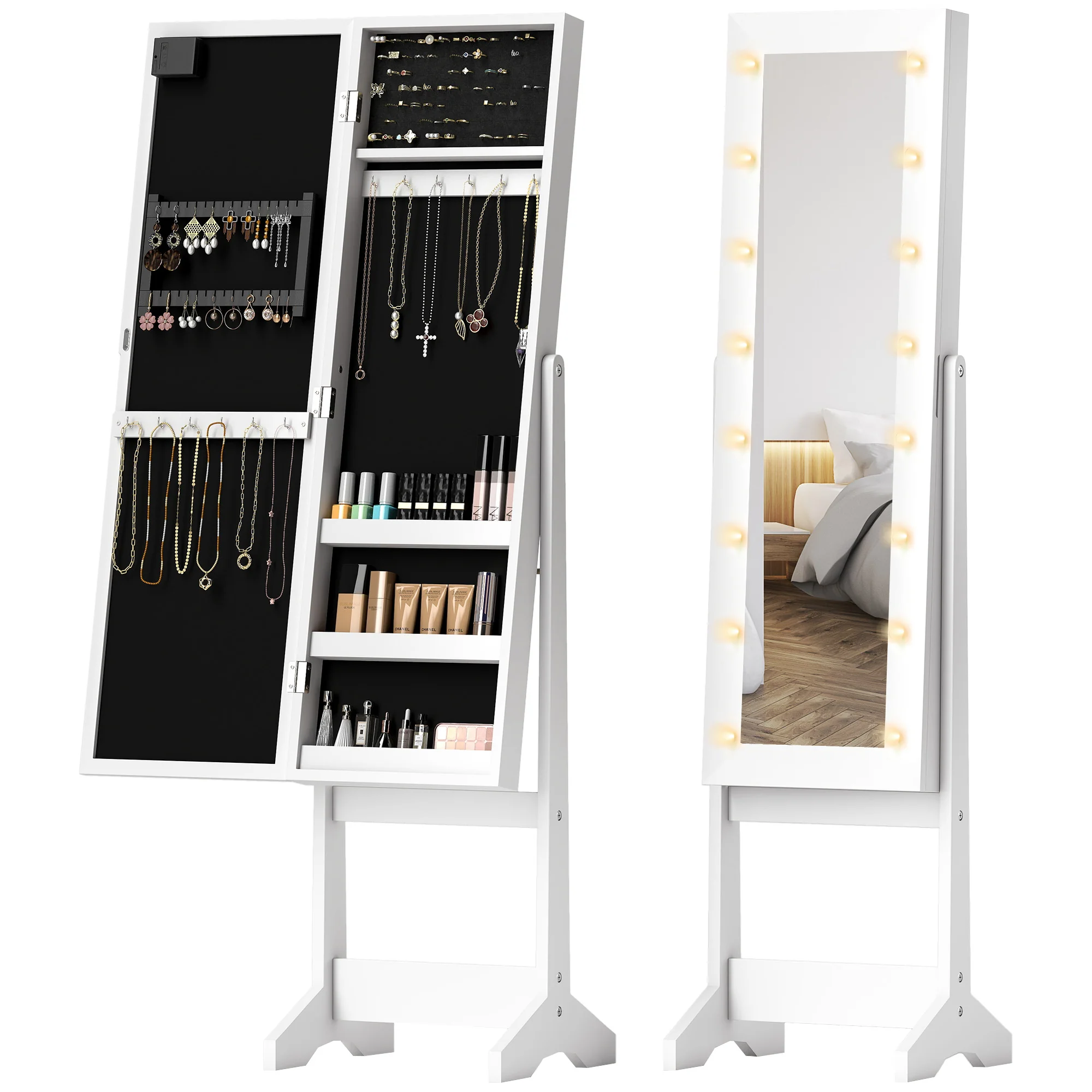 Armoire à bijoux armoire de rangement sur pieds bo?te à bijoux avec miroir multi-rangements éclairage LED blanc - Image 11