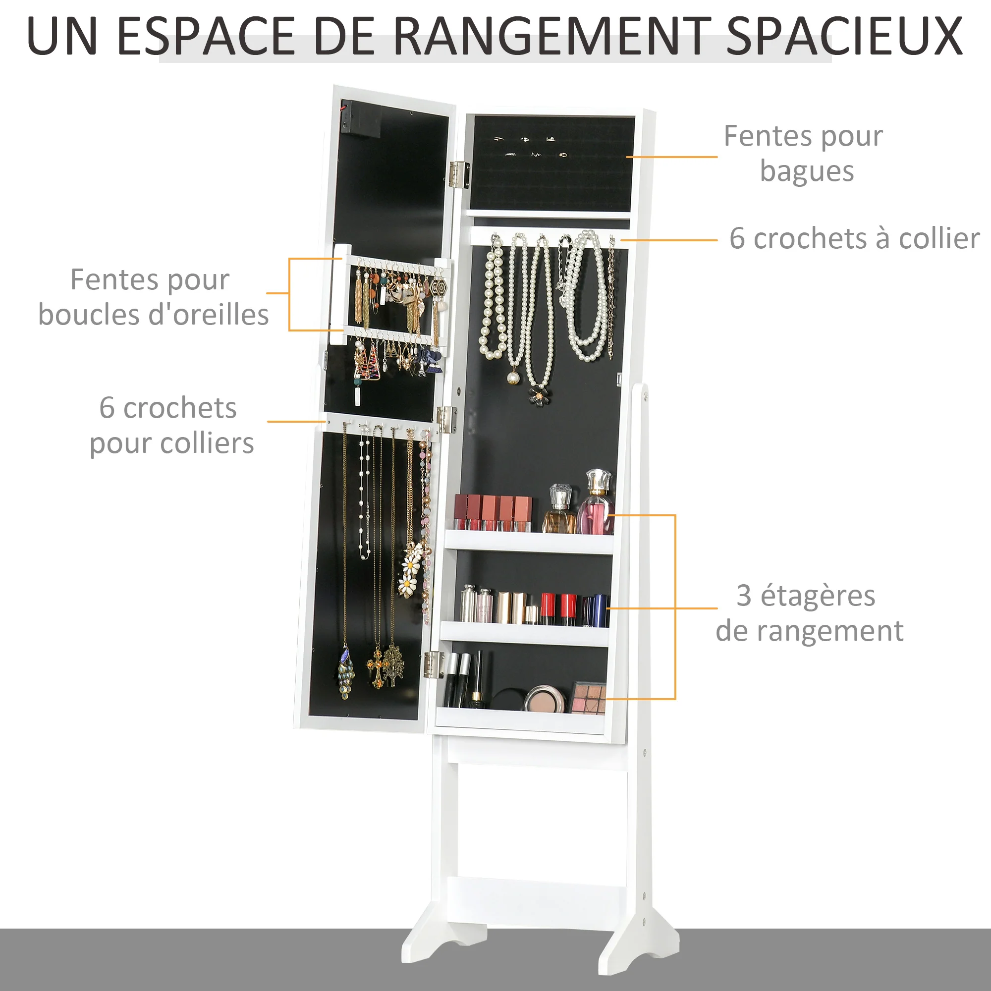 Armoire à bijoux armoire de rangement sur pieds bo?te à bijoux avec miroir multi-rangements éclairage LED blanc - Image 5
