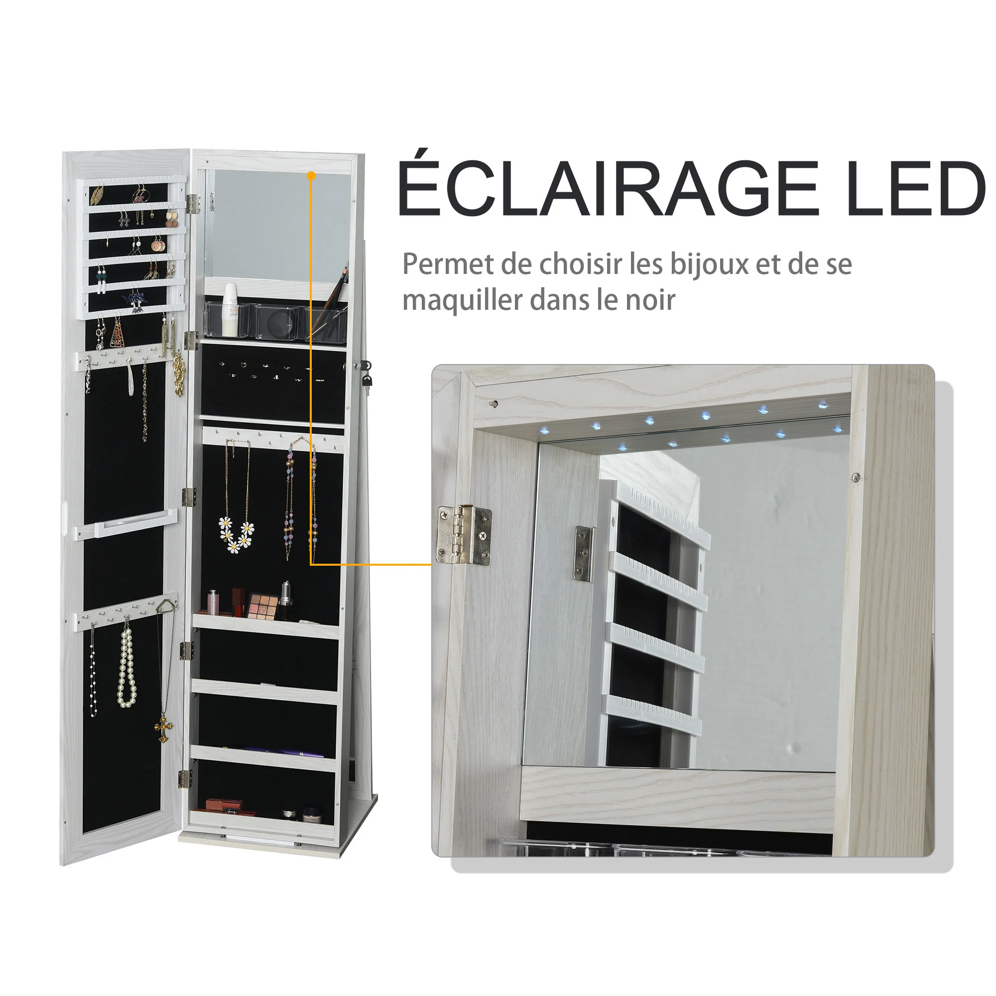 Armoire à Bijoux avec Miroir sur Pied Multi-rangements éclairage LED Blanc dim. 38L x 38l x H157 cm - Image 6