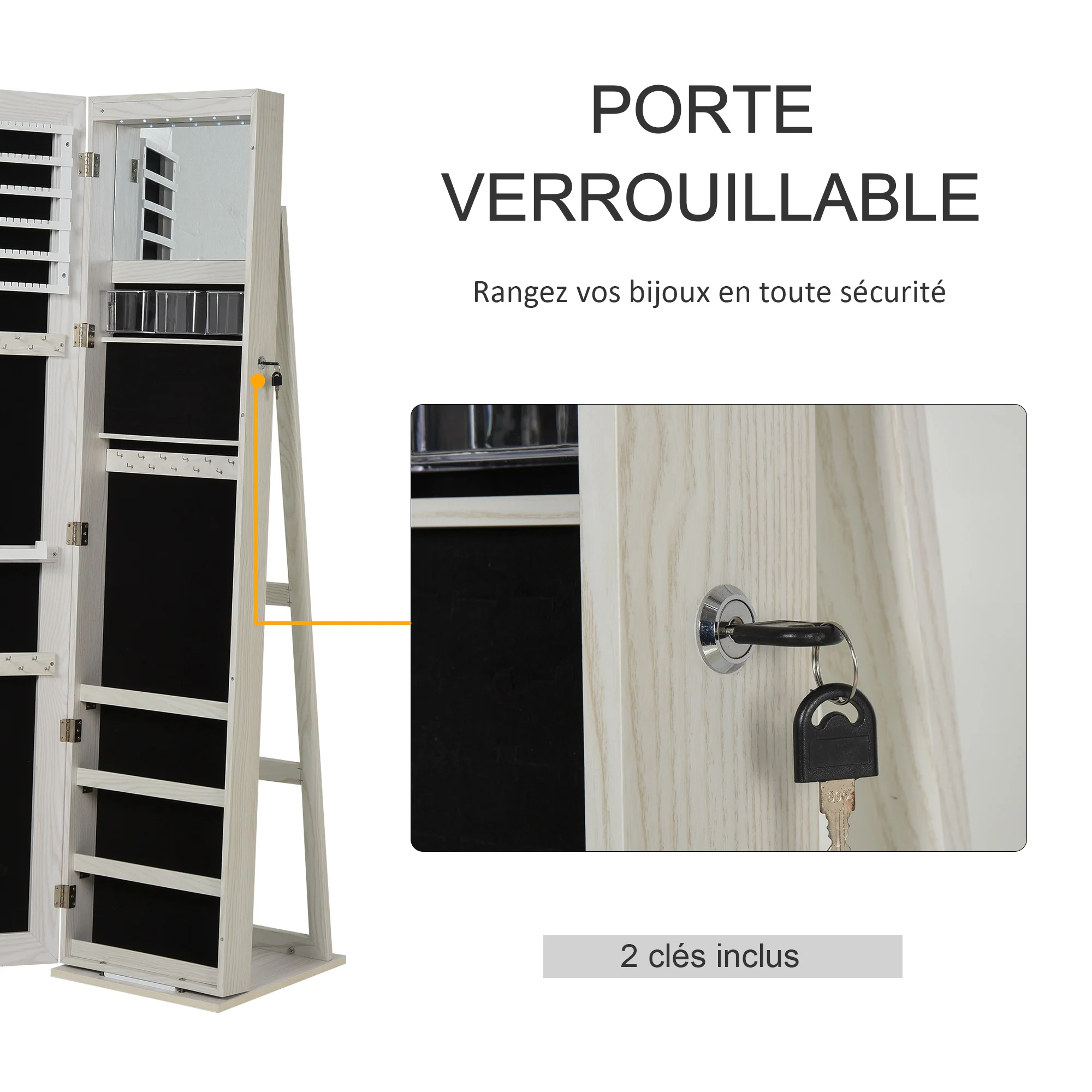 Armoire à Bijoux avec Miroir sur Pied Multi-rangements éclairage LED Blanc dim. 38L x 38l x H157 cm - Image 8