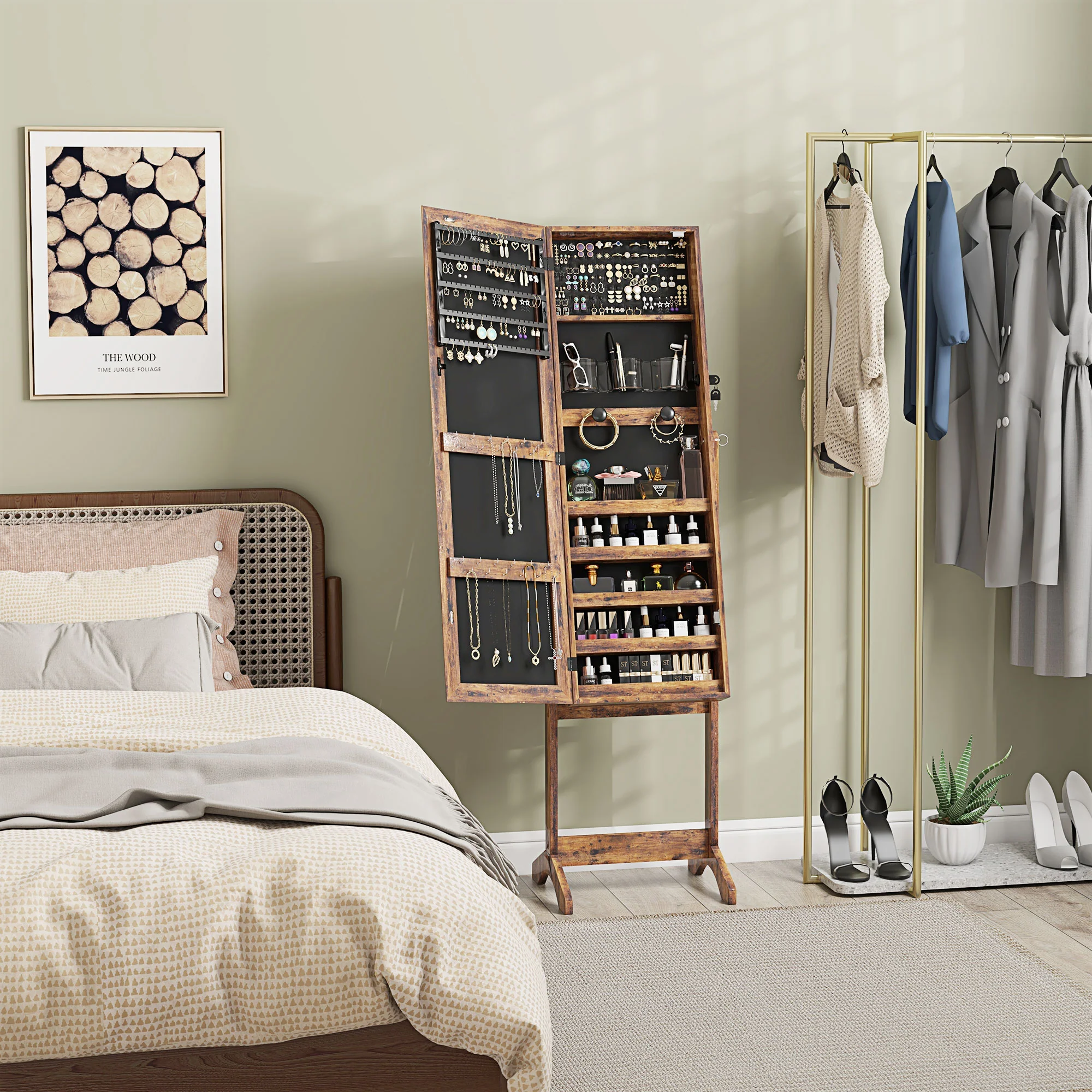 Armoire à bijoux LED avec miroir sur pied range bijoux avec éclairage à écran tactile marron - Image 3
