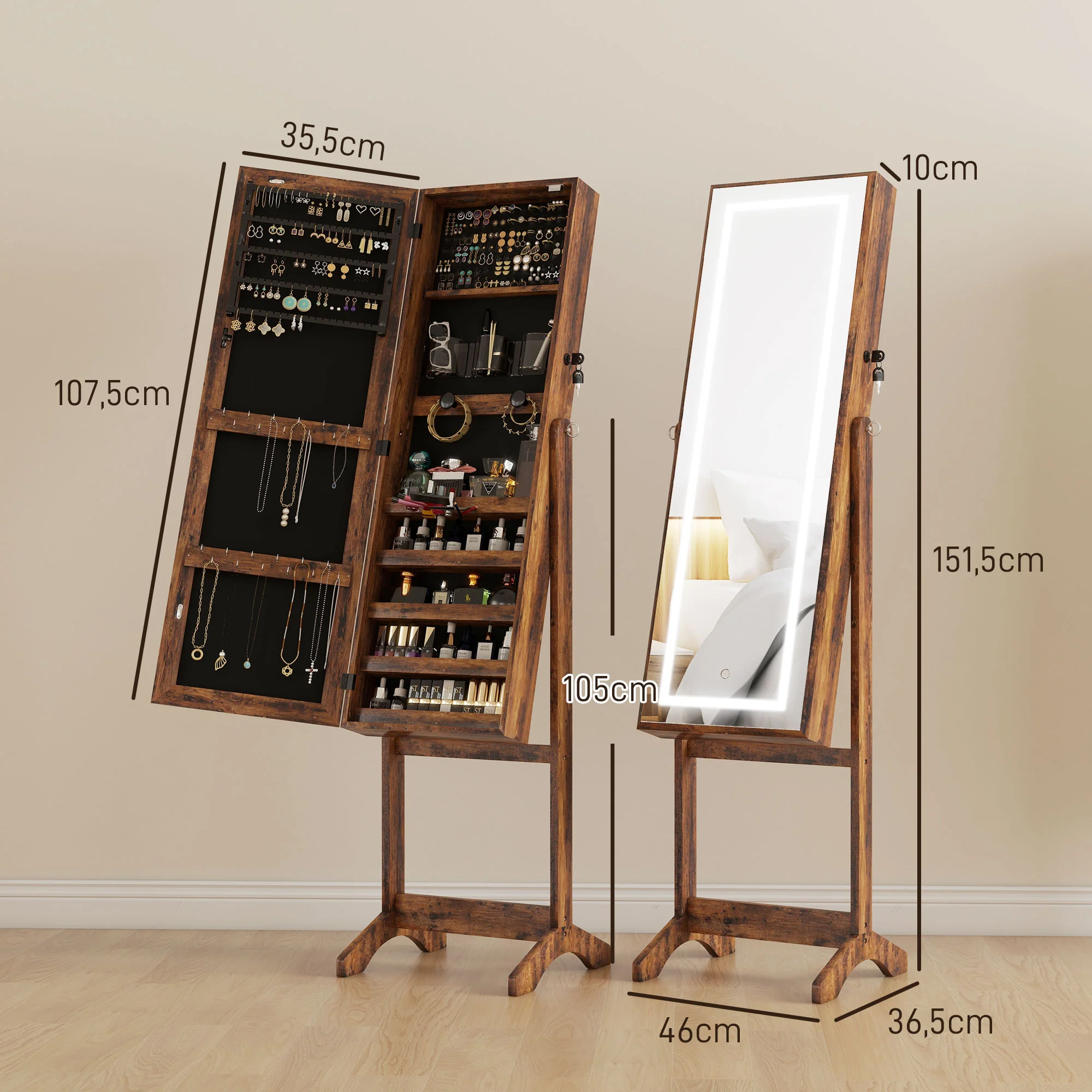 Armoire à bijoux LED avec miroir sur pied range bijoux avec éclairage à écran tactile marron - Image 4