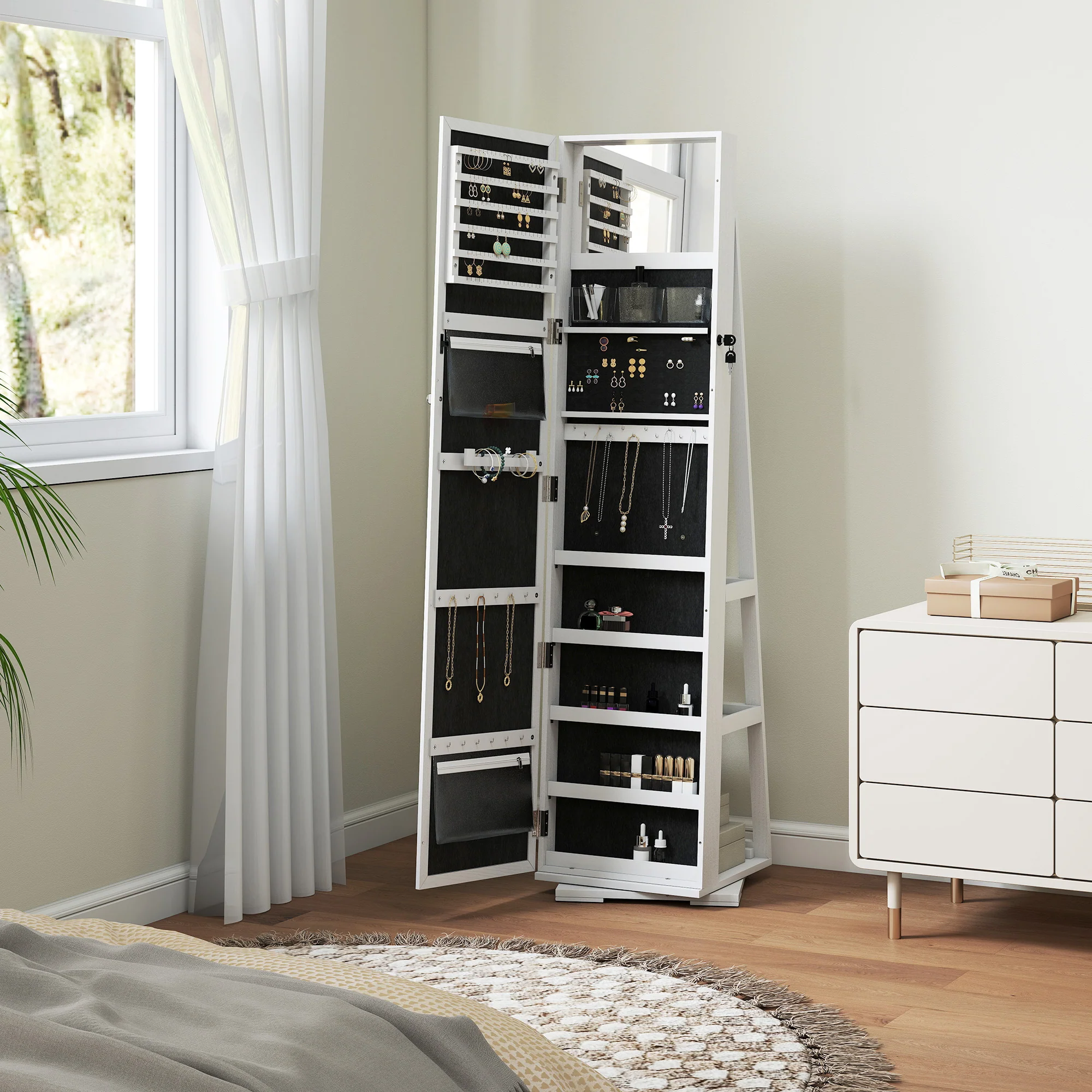 Armoire à Bijoux pivotante verrouillable bo?te à bijoux avec Miroir - Armoire Bijoux Multi-Rangement - en Bois Blanc - Image 10