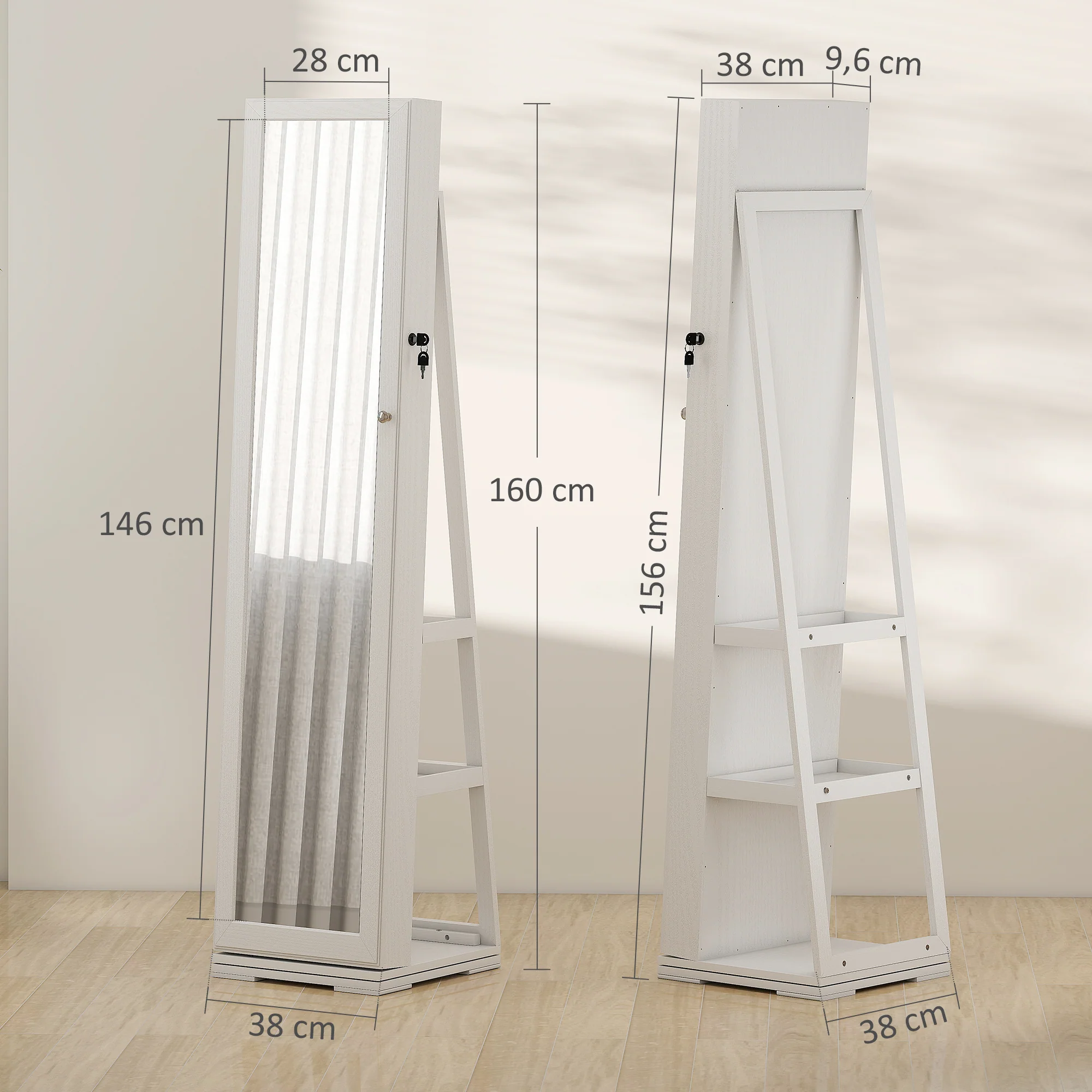 Armoire à Bijoux pivotante verrouillable bo?te à bijoux avec Miroir - Armoire Bijoux Multi-Rangement - en Bois Blanc - Image 4