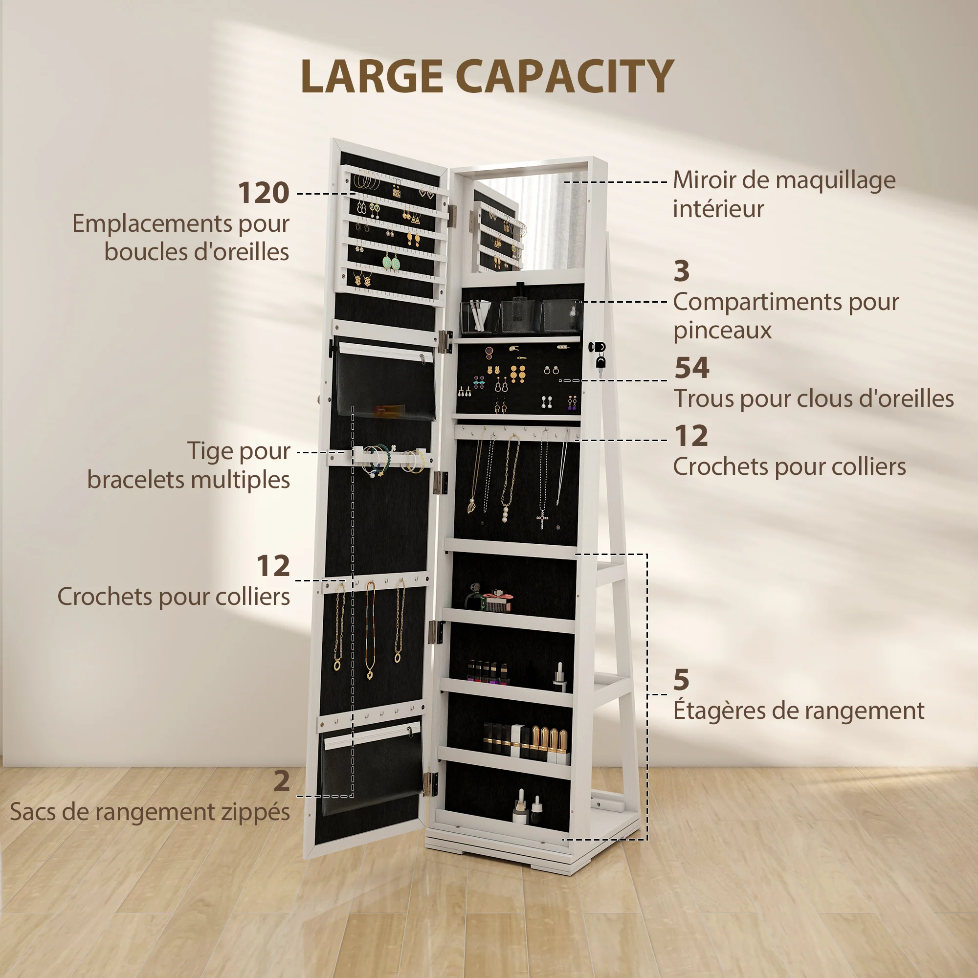 Armoire à Bijoux pivotante verrouillable bo?te à bijoux avec Miroir - Armoire Bijoux Multi-Rangement - en Bois Blanc - Image 6