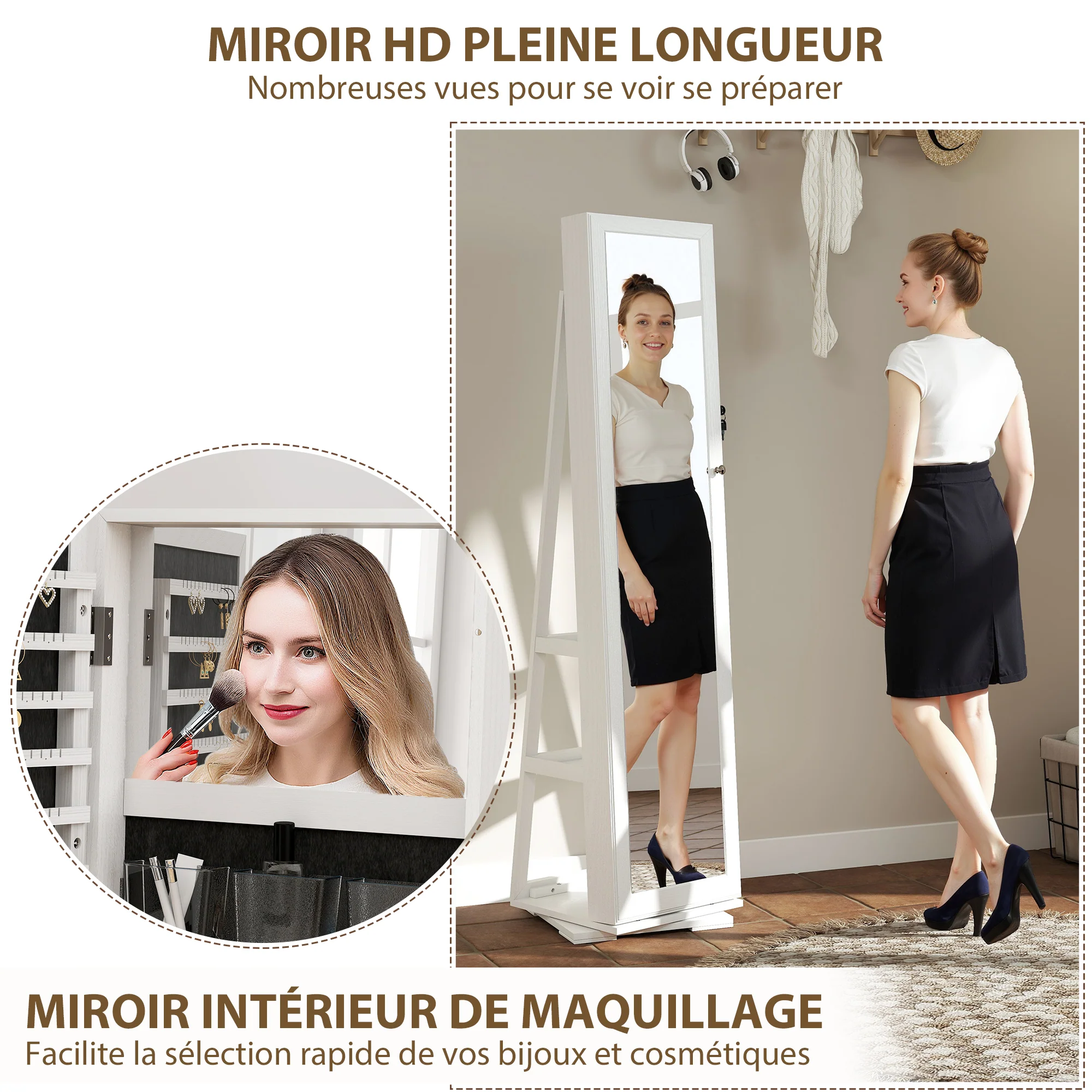 Armoire à Bijoux pivotante verrouillable bo?te à bijoux avec Miroir - Armoire Bijoux Multi-Rangement - en Bois Blanc - Image 9