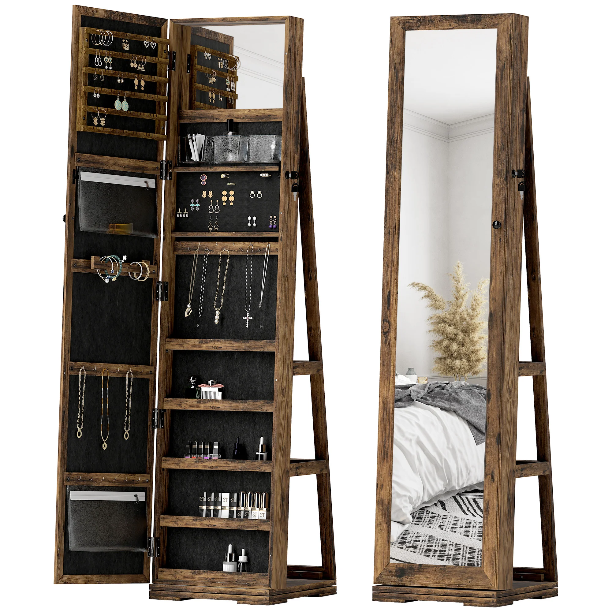 Armoire à Bijoux pivotante verrouillable bo?te à bijoux avec Miroir - Armoire Bijoux Multi-Rangement - en Bois Brun Rustique - Image 11