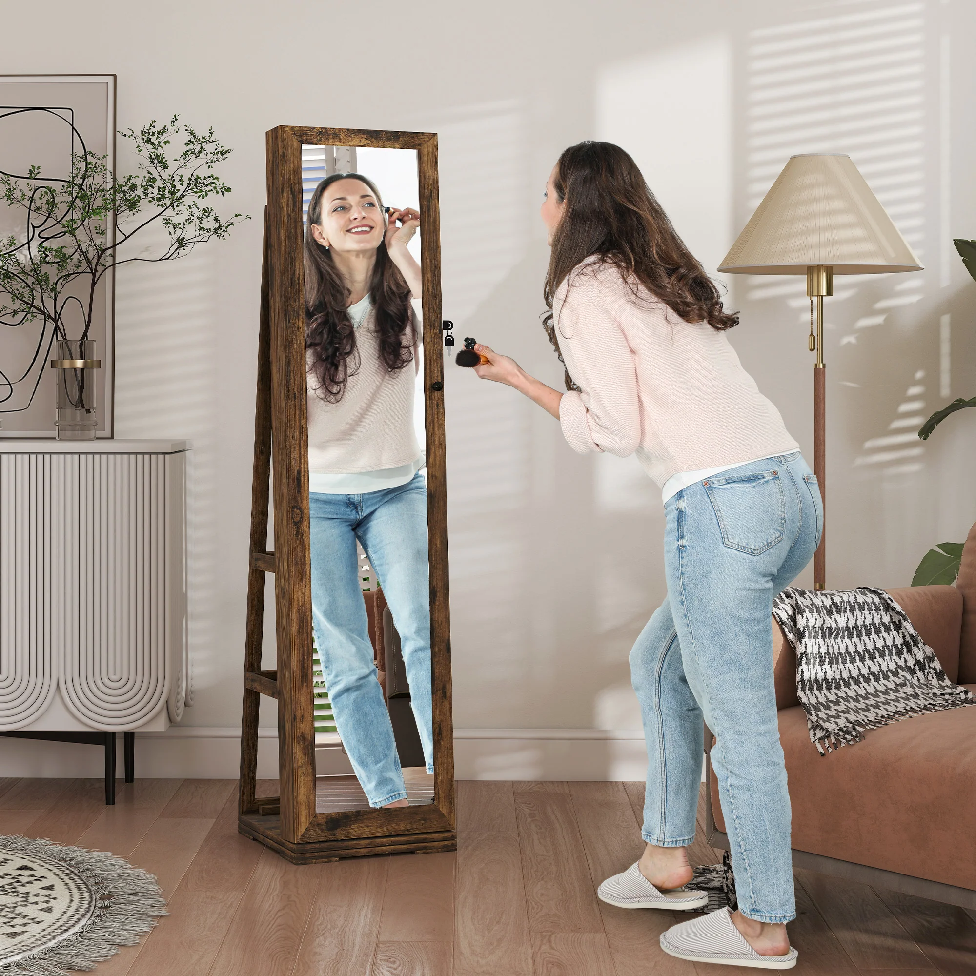 Armoire à Bijoux pivotante verrouillable bo?te à bijoux avec Miroir - Armoire Bijoux Multi-Rangement - en Bois Brun Rustique - Image 3