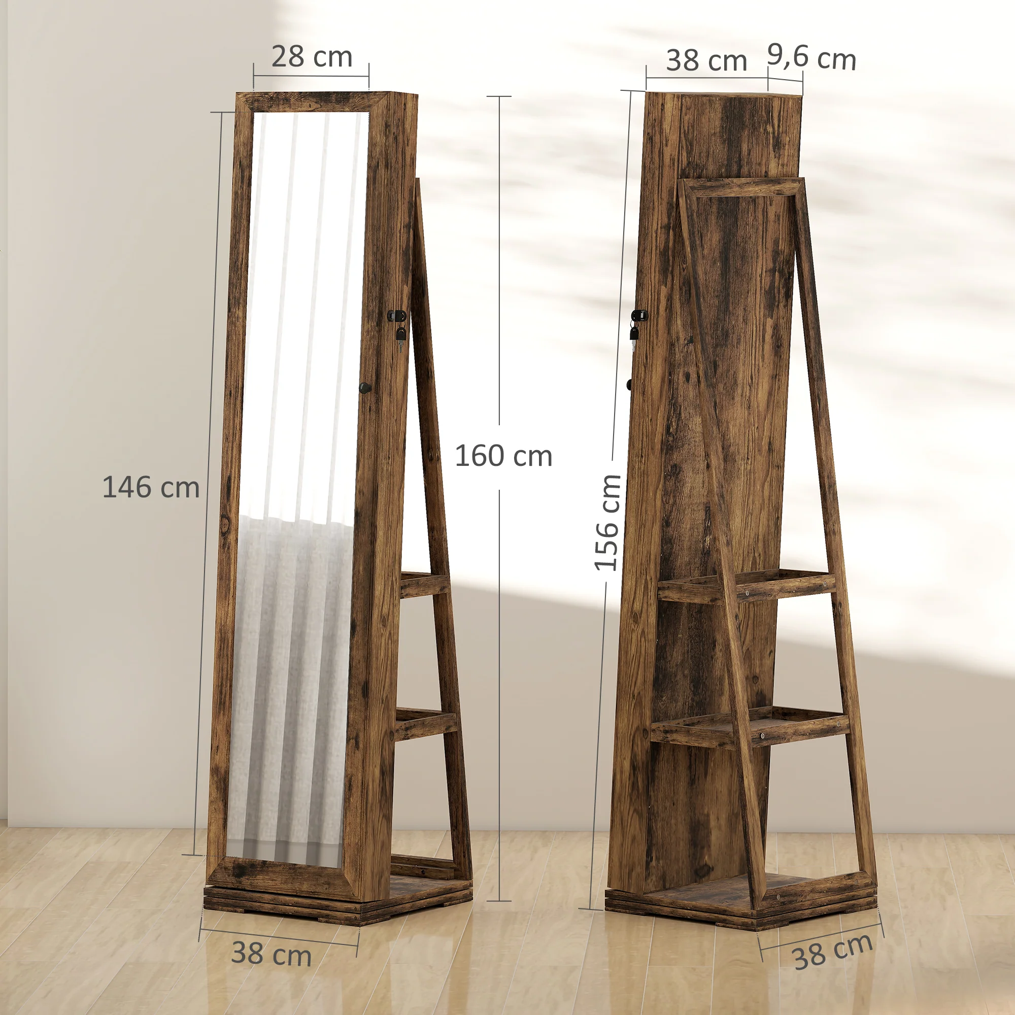 Armoire à Bijoux pivotante verrouillable bo?te à bijoux avec Miroir - Armoire Bijoux Multi-Rangement - en Bois Brun Rustique - Image 4