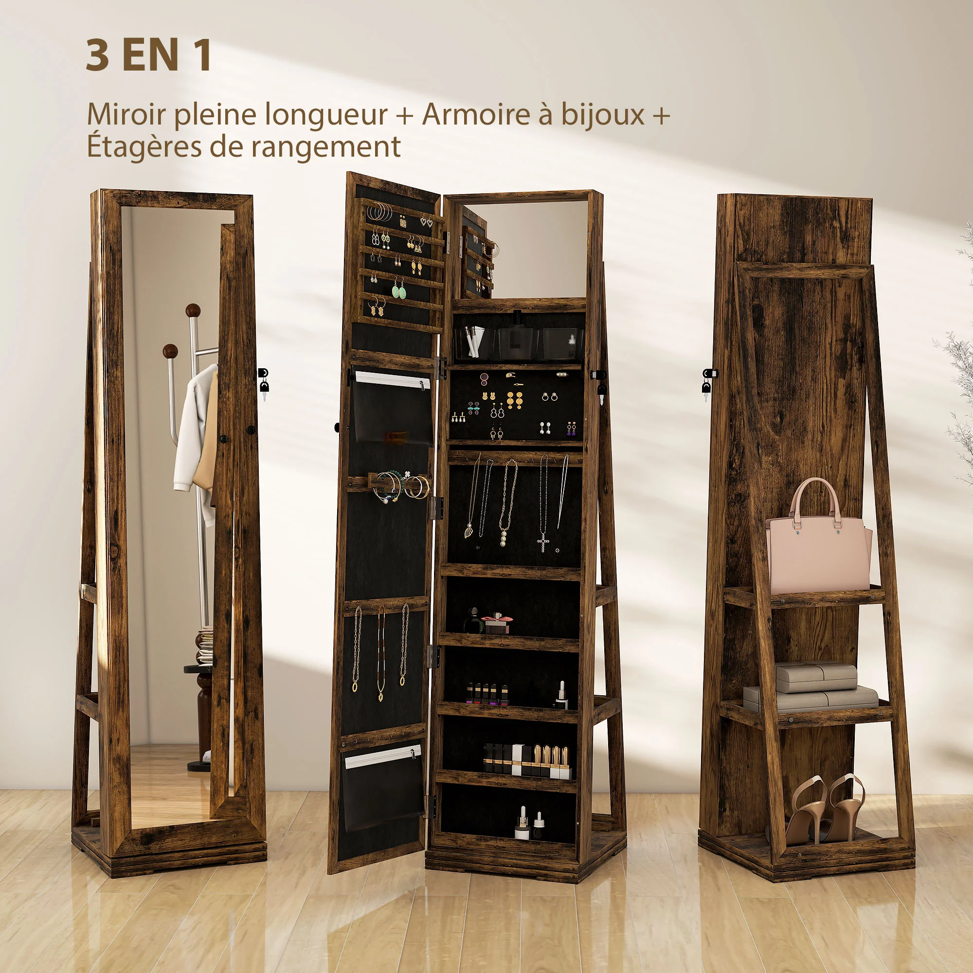 Armoire à Bijoux pivotante verrouillable bo?te à bijoux avec Miroir - Armoire Bijoux Multi-Rangement - en Bois Brun Rustique - Image 5