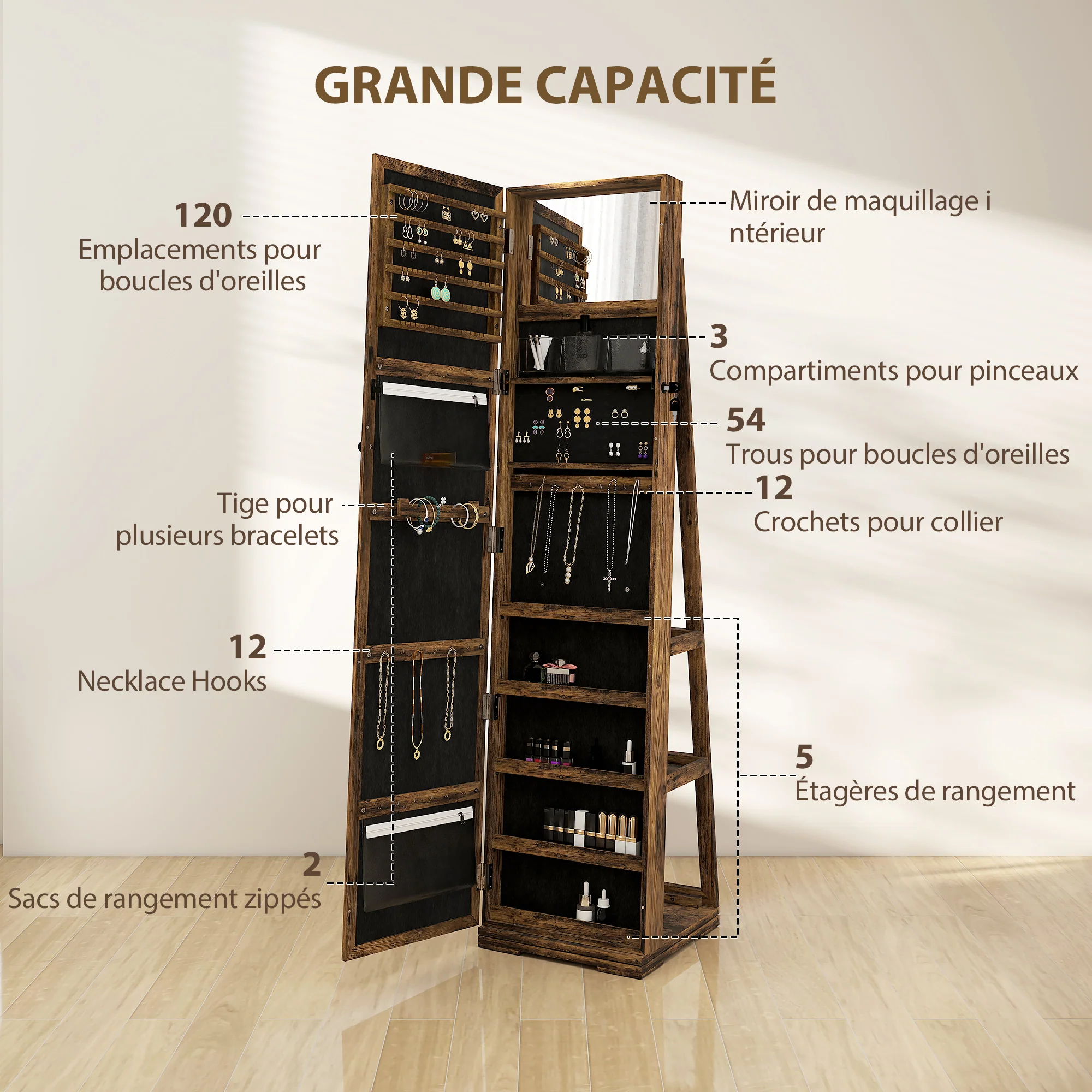 Armoire à Bijoux pivotante verrouillable bo?te à bijoux avec Miroir - Armoire Bijoux Multi-Rangement - en Bois Brun Rustique - Image 6