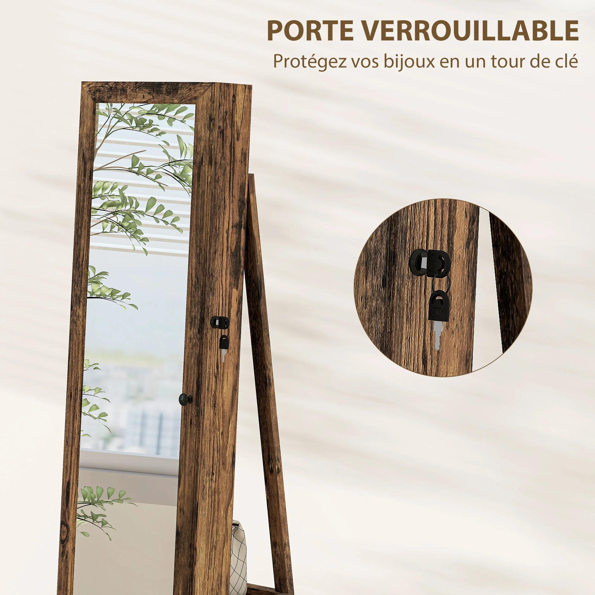 Armoire à Bijoux pivotante verrouillable bo?te à bijoux avec Miroir - Armoire Bijoux Multi-Rangement - en Bois Brun Rustique - Image 8