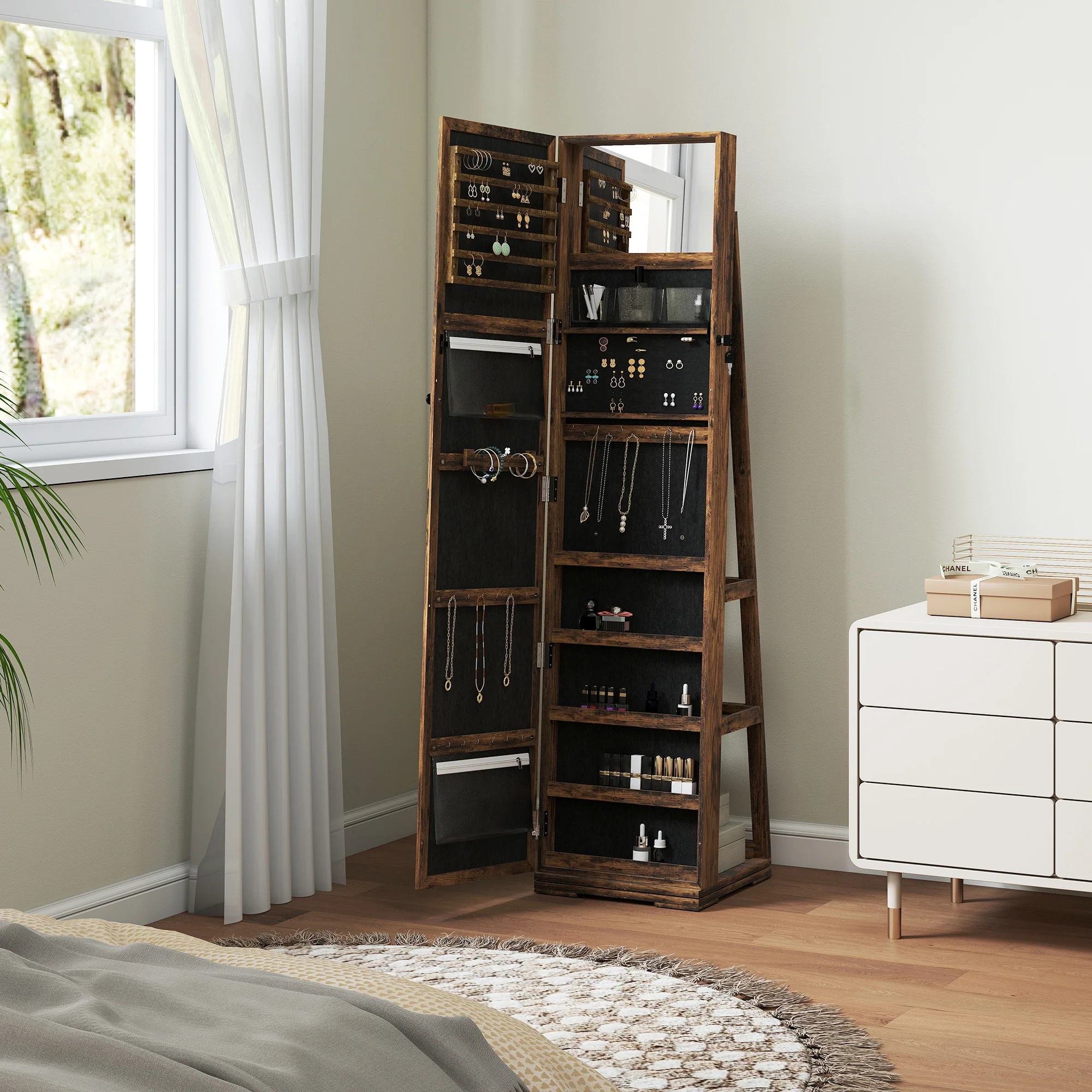 Armoire à Bijoux pivotante verrouillable bo?te à bijoux avec Miroir - Armoire Bijoux Multi-Rangement - en Bois Brun Rustique - Image 9