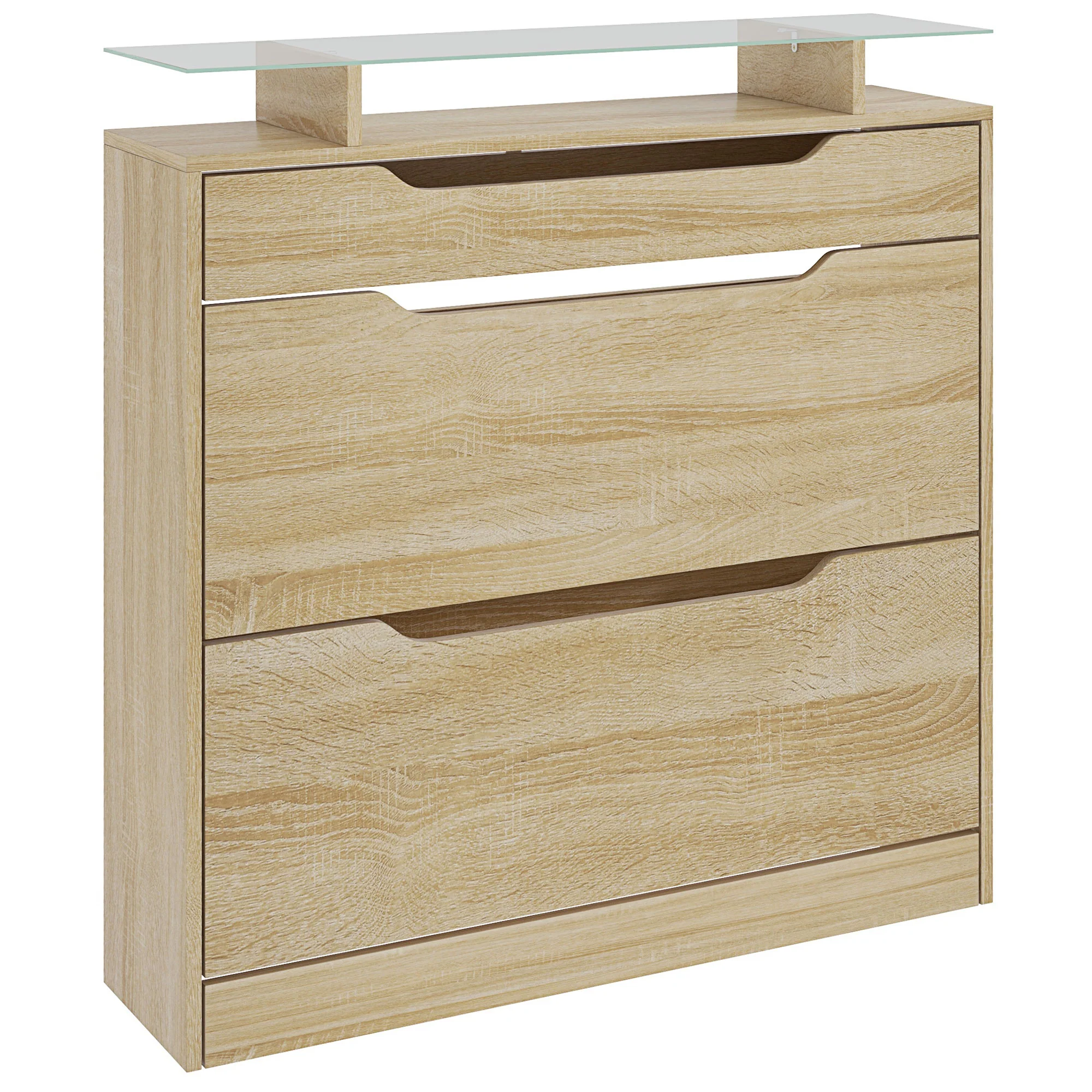 Armoire à Chaussures avec 2 tiroirs rabattables + 1 tiroir Coulissant + 1 comptoir et 1 Plateau en Verre étagère réglable sur 2 Niveaux 89 x 23 x 96 cm chêne - Image 2