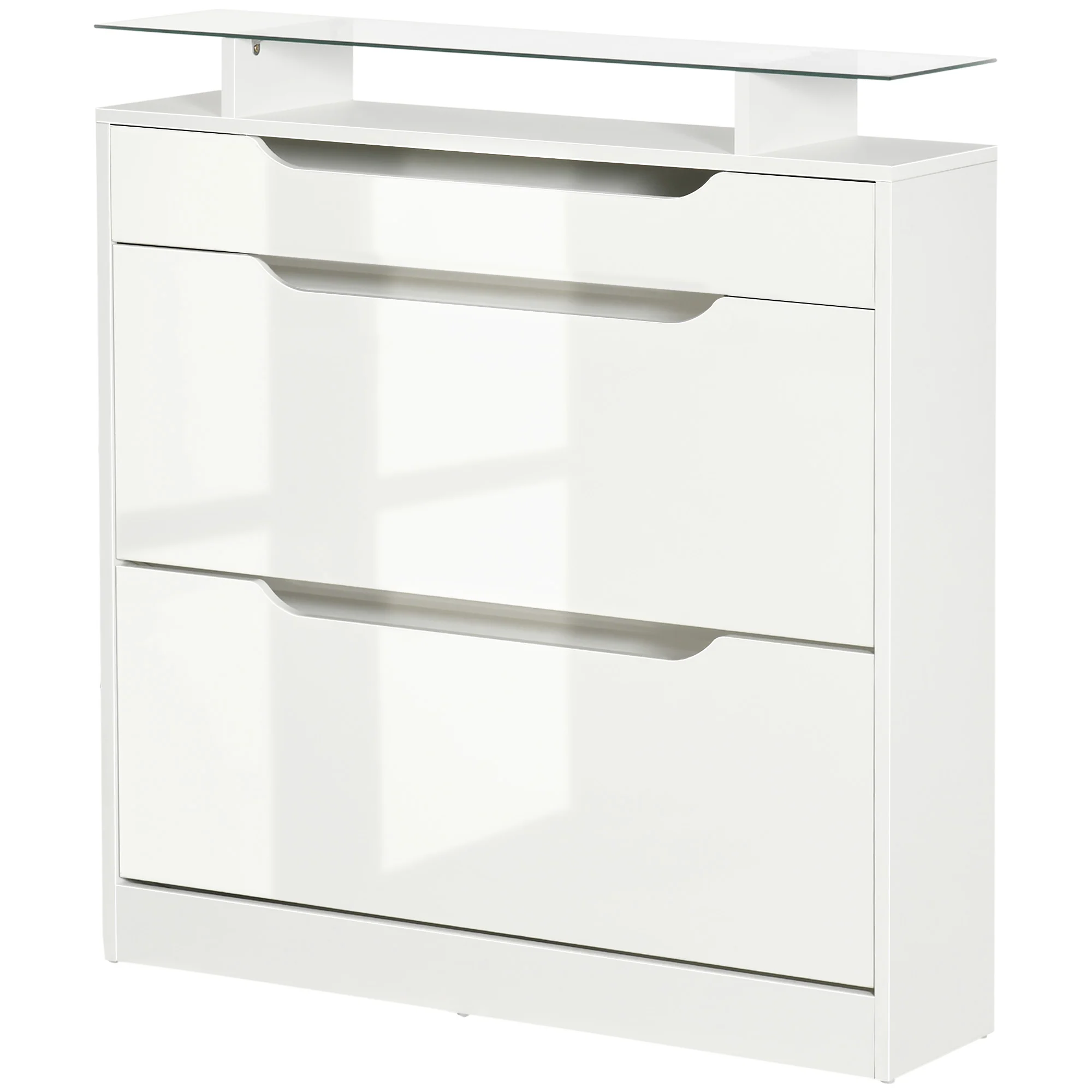Armoire à Chaussures avec 2 tiroirs rabattables + 1 tiroir Coulissant + 1 comptoir et 1 Plateau en Verre étagère réglable sur 2 Niveaux 89 x 23 x 96 cm blanc