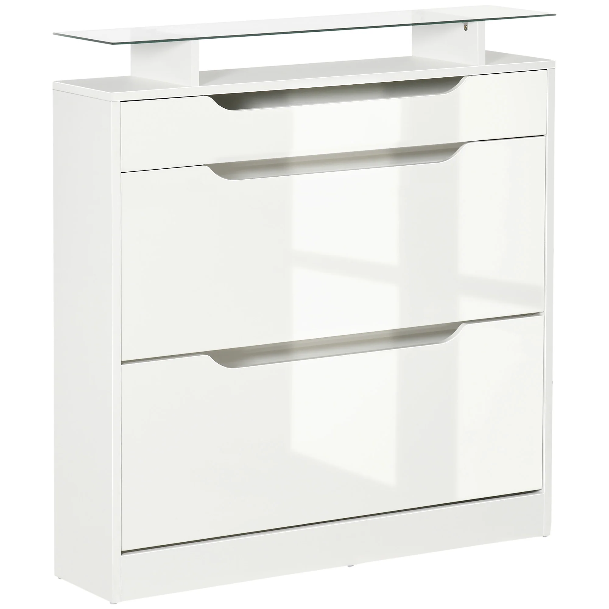 Armoire à Chaussures avec 2 tiroirs rabattables + 1 tiroir Coulissant + 1 comptoir et 1 Plateau en Verre étagère réglable sur 2 Niveaux 89 x 23 x 96 cm blanc - Image 2
