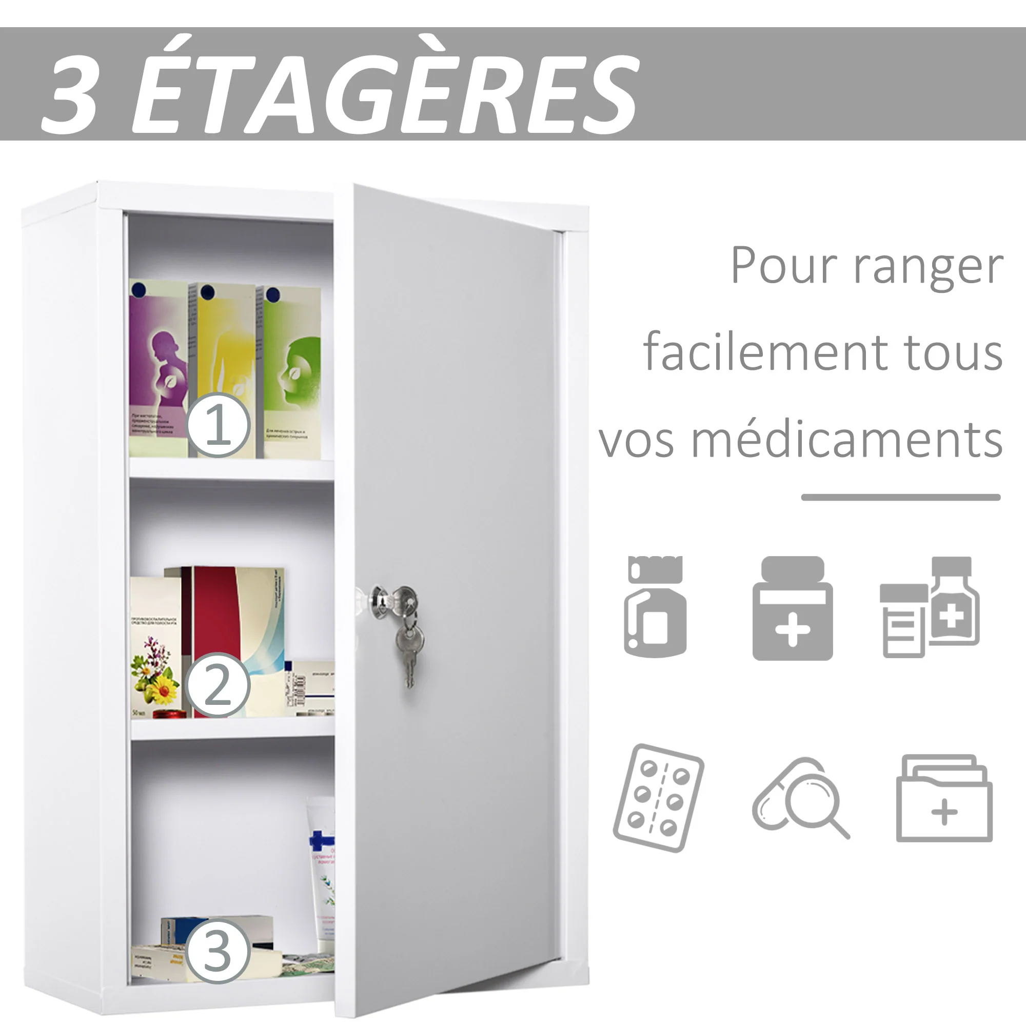 Armoire à Pharmacie 2 étagères 3 Niveaux verrouillable dim. 40L x 18l x 60H cm 2 clés métal Blanc - Image 6