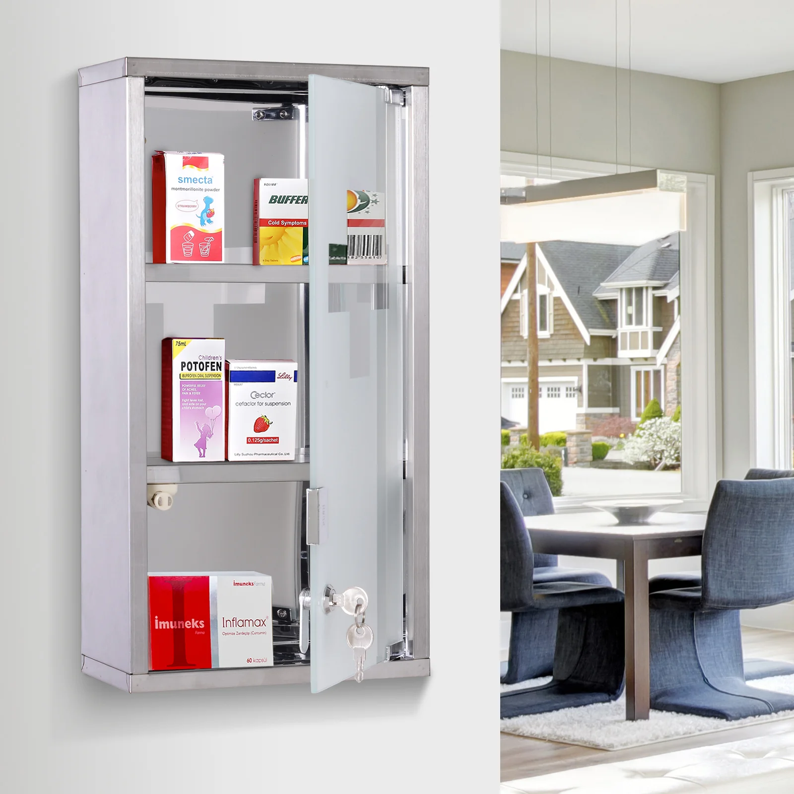 Armoire à Pharmacie 2 étagères 3 Niveaux verrouillable Porte Verre trempé dépoli Logo Croix 25L x 12l x 48H cm Acier INOX - Image 3