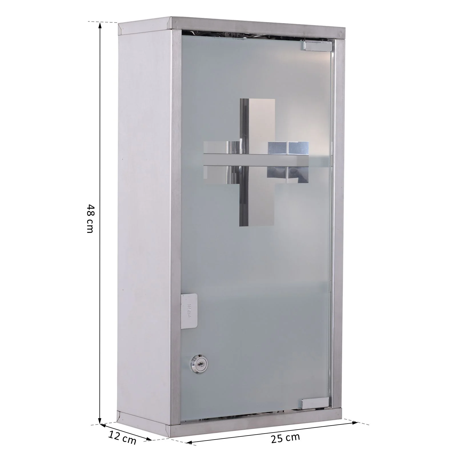 Armoire à Pharmacie 2 étagères 3 Niveaux verrouillable Porte Verre trempé dépoli Logo Croix 25L x 12l x 48H cm Acier INOX - Image 4