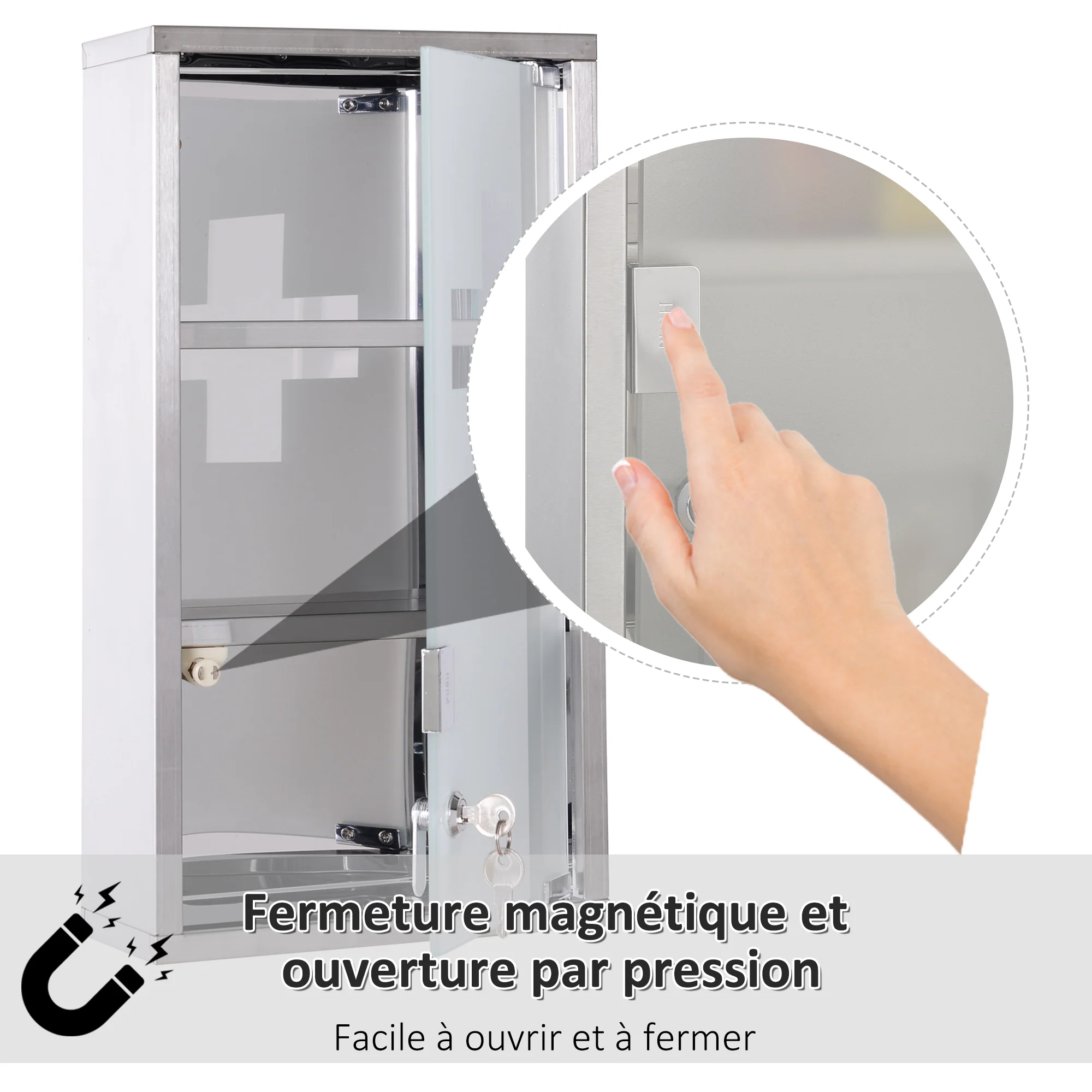 Armoire à Pharmacie 2 étagères 3 Niveaux verrouillable Porte Verre trempé dépoli Logo Croix 25L x 12l x 48H cm Acier INOX - Image 5