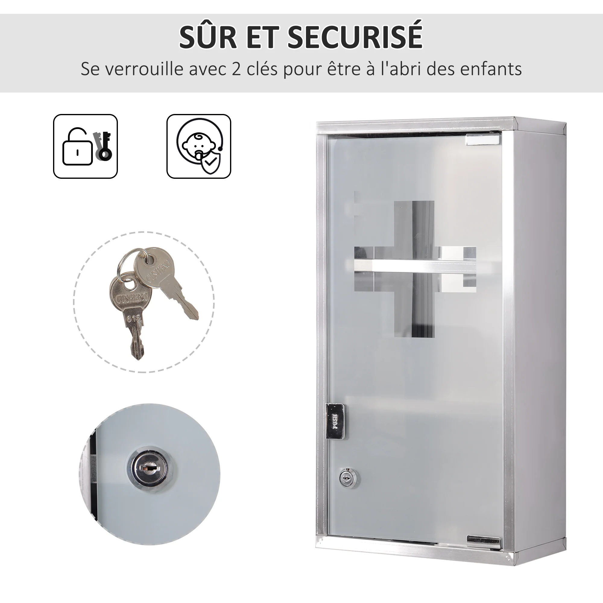 Armoire à Pharmacie 2 étagères 3 Niveaux verrouillable Porte Verre trempé dépoli Logo Croix 25L x 12l x 48H cm Acier INOX - Image 6