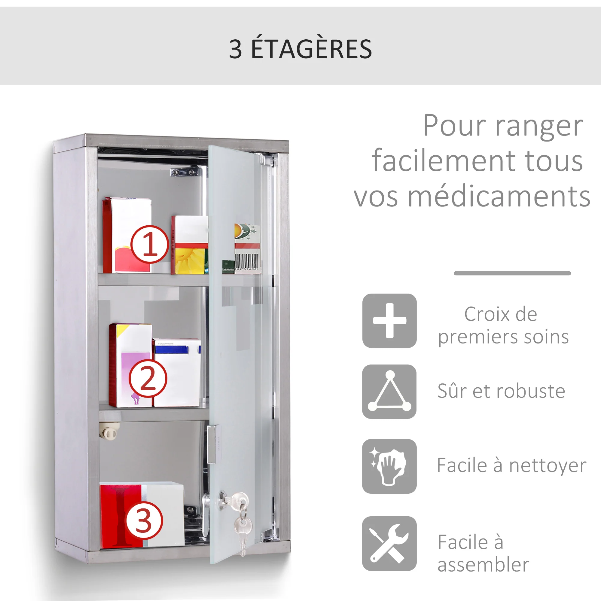 Armoire à Pharmacie 2 étagères 3 Niveaux verrouillable Porte Verre trempé dépoli Logo Croix 25L x 12l x 48H cm Acier INOX - Image 7
