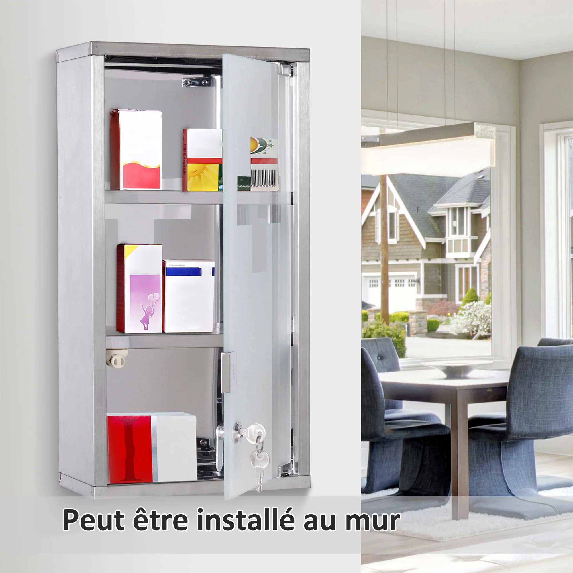 Armoire à Pharmacie 2 étagères 3 Niveaux verrouillable Porte Verre trempé dépoli Logo Croix 25L x 12l x 48H cm Acier INOX - Image 8