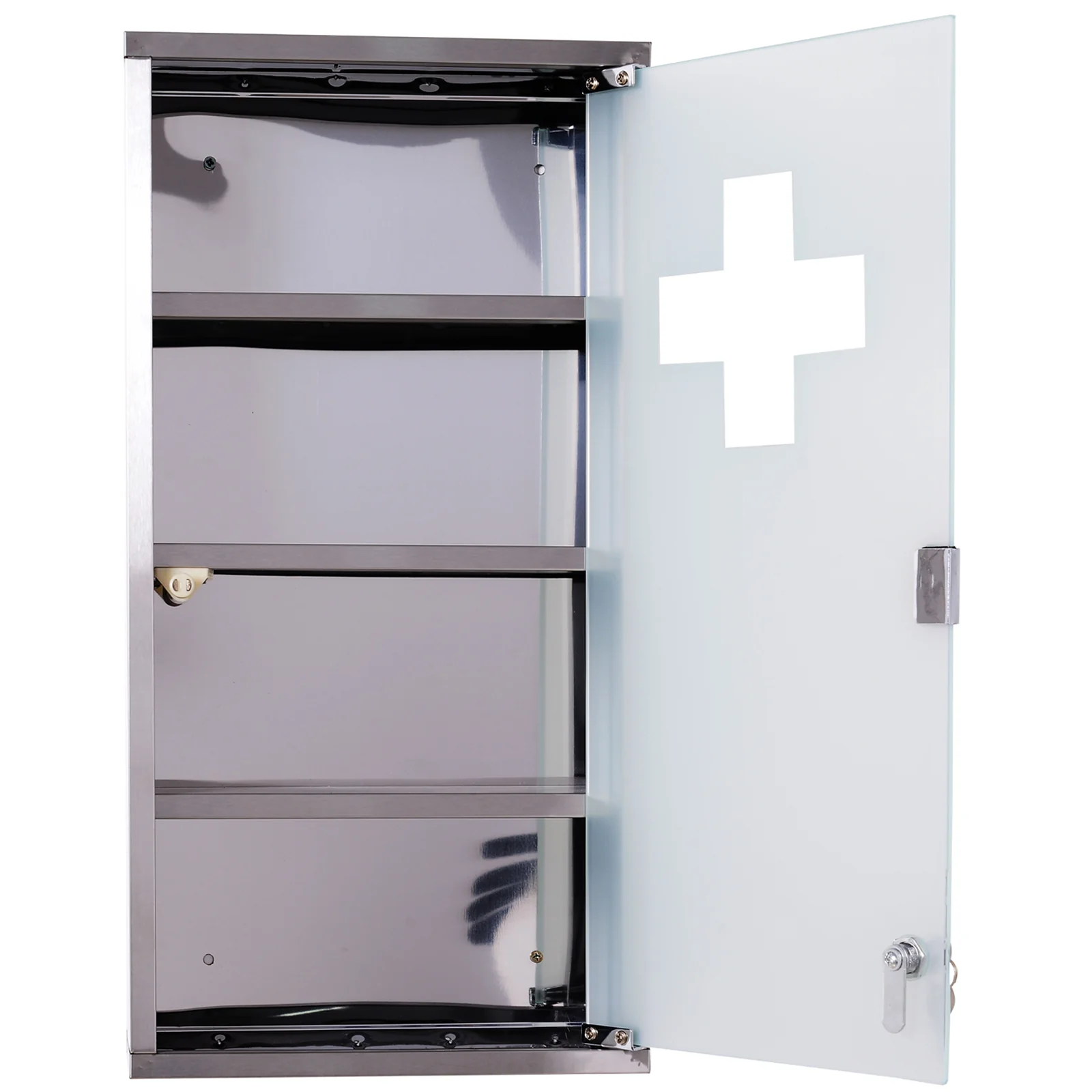 Armoire à Pharmacie 3 étagères 4 Niveaux 30L x 12l x 60H cm Porte Verre trempé Symbole Croix Acier Inoxydable brossé - Image 10