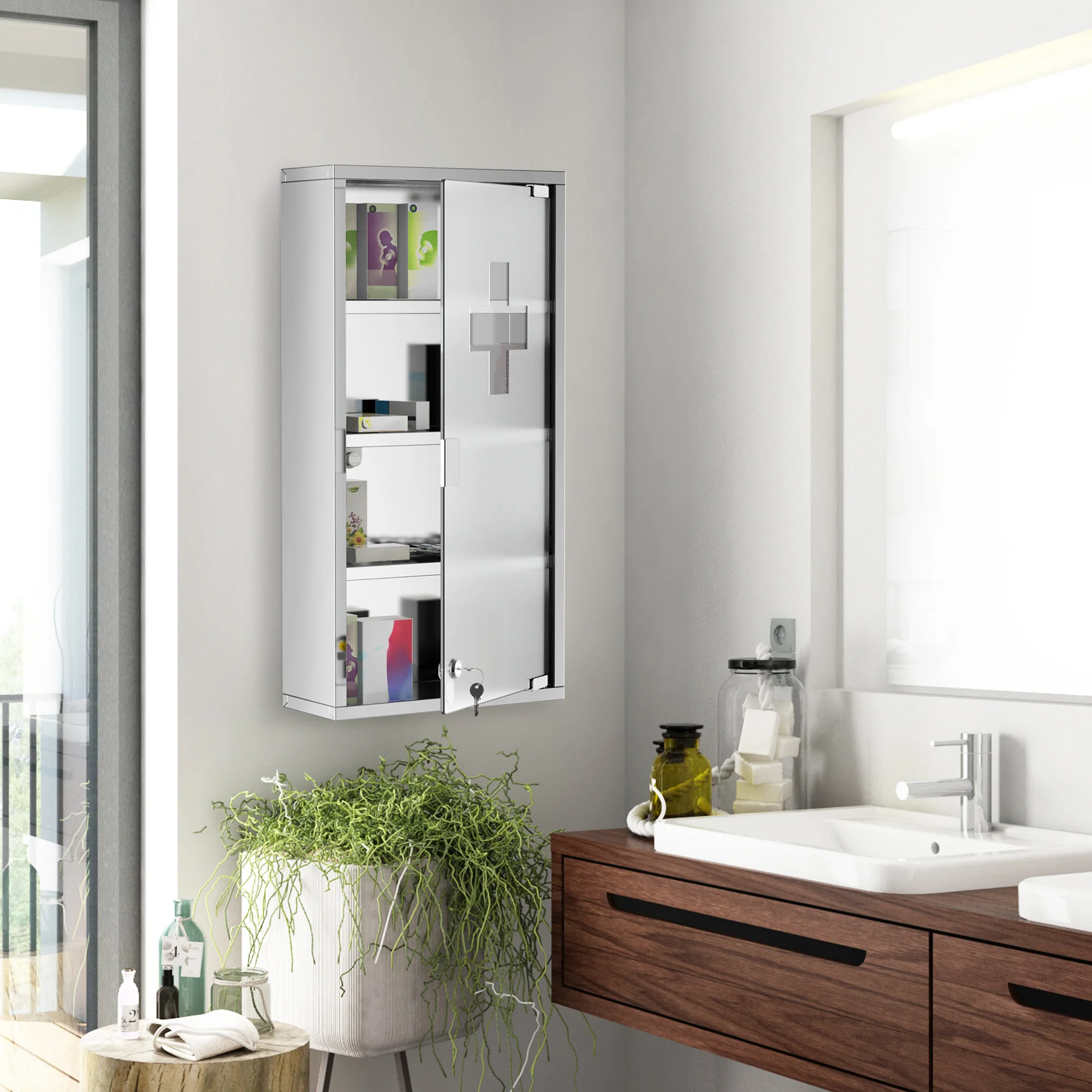 Armoire à Pharmacie 3 étagères 4 Niveaux 30L x 12l x 60H cm Porte Verre trempé Symbole Croix Acier Inoxydable brossé - Image 3
