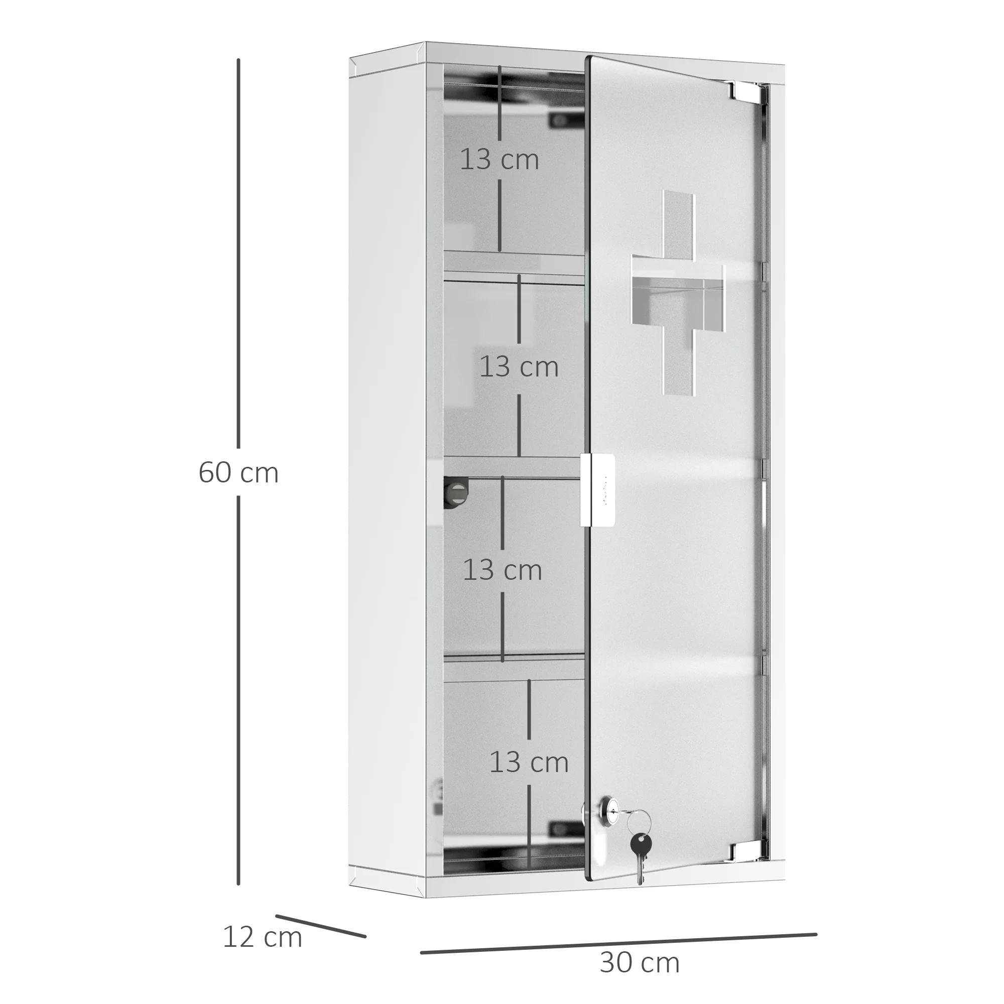 Armoire à Pharmacie 3 étagères 4 Niveaux 30L x 12l x 60H cm Porte Verre trempé Symbole Croix Acier Inoxydable brossé - Image 4