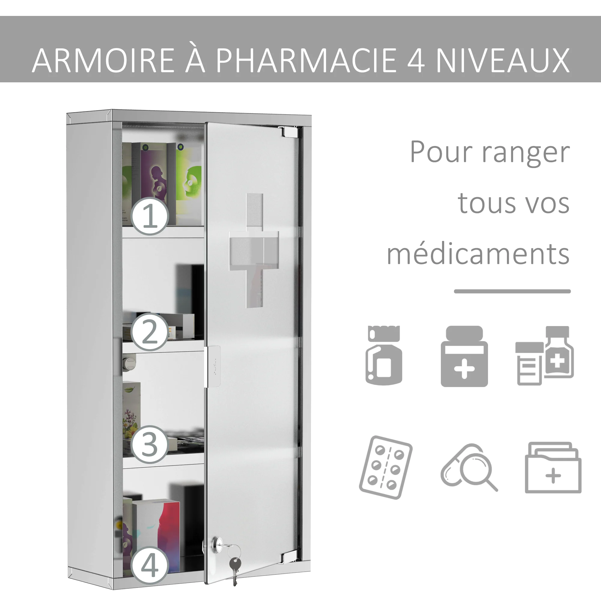 Armoire à Pharmacie 3 étagères 4 Niveaux 30L x 12l x 60H cm Porte Verre trempé Symbole Croix Acier Inoxydable brossé - Image 5