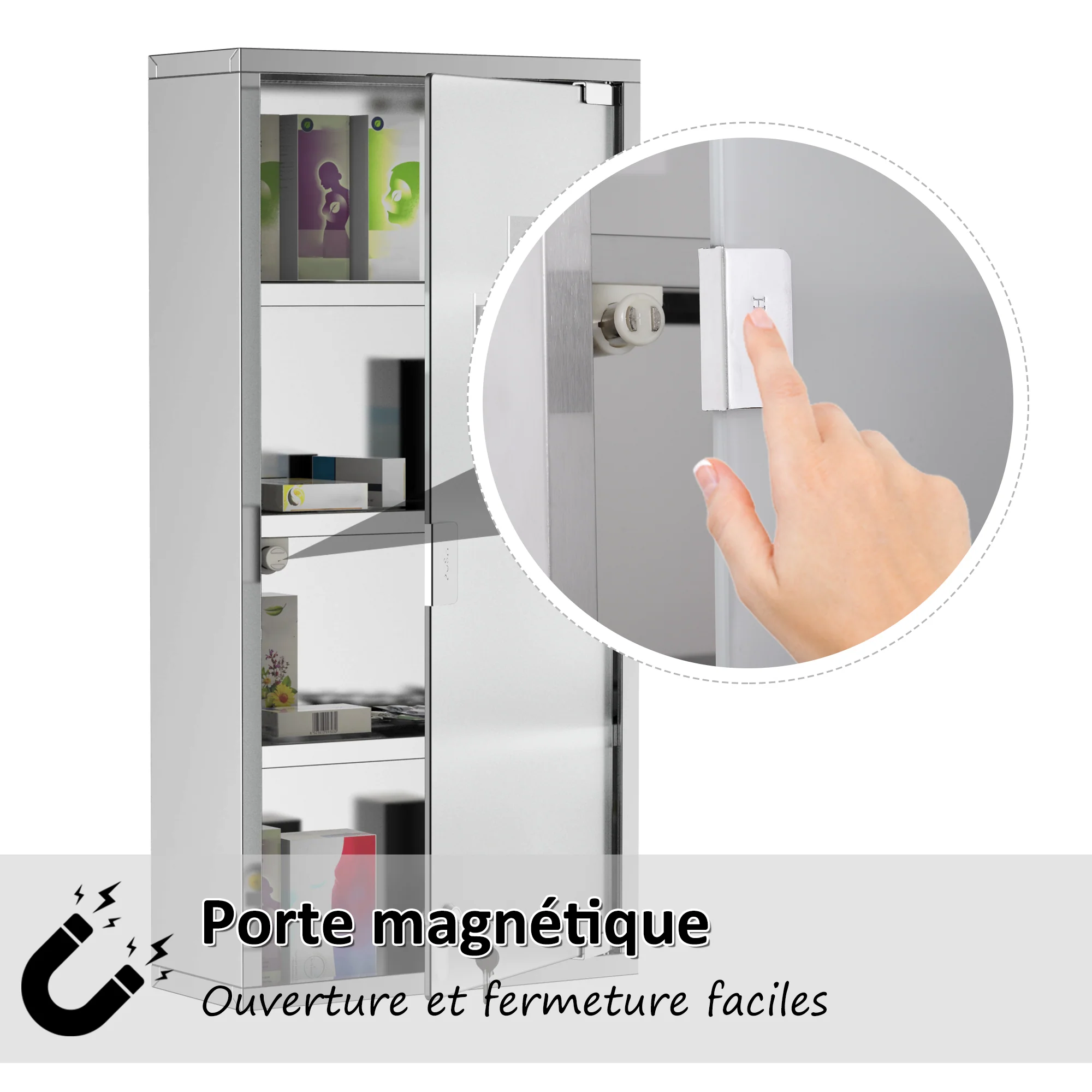 Armoire à Pharmacie 3 étagères 4 Niveaux 30L x 12l x 60H cm Porte Verre trempé Symbole Croix Acier Inoxydable brossé - Image 6