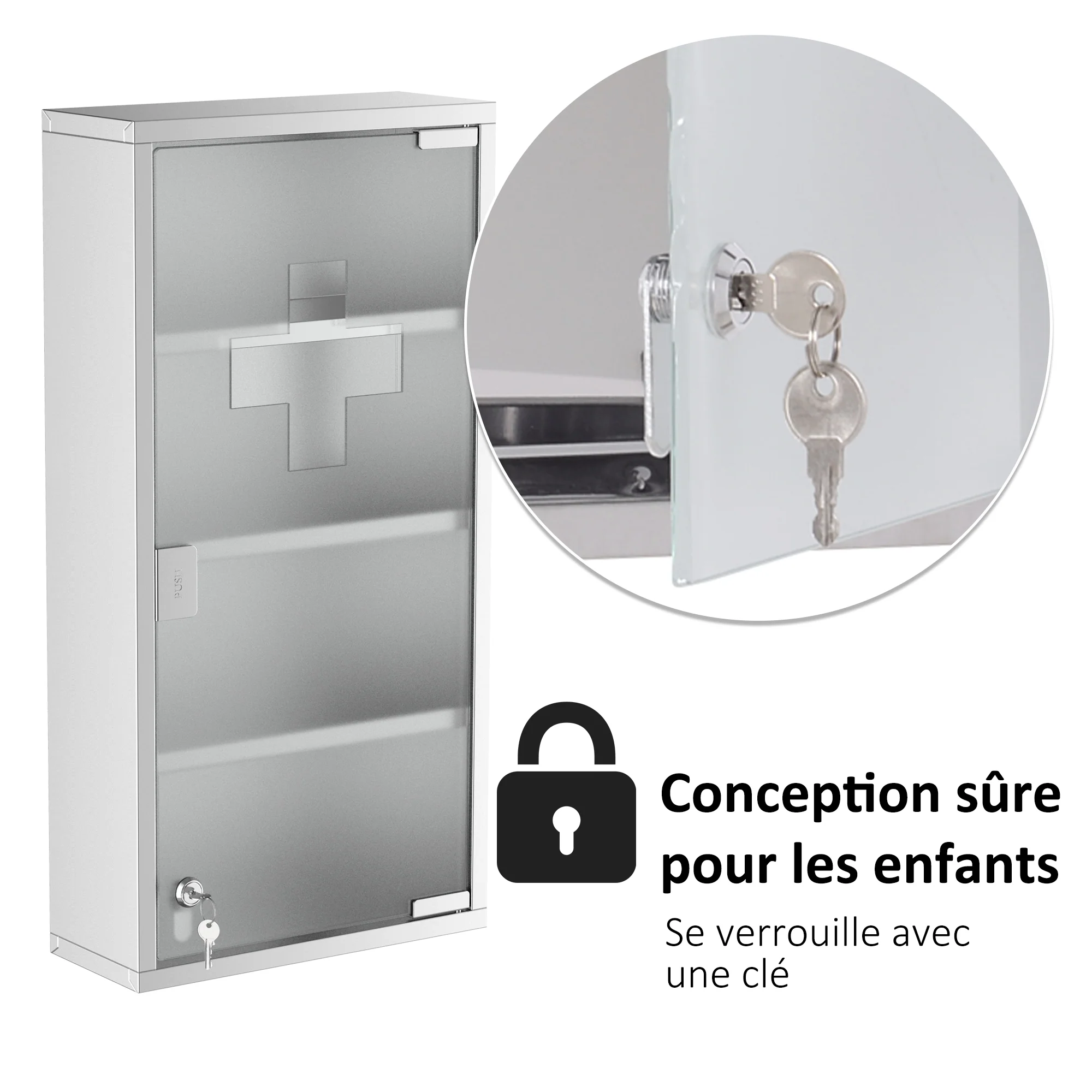 Armoire à Pharmacie 3 étagères 4 Niveaux 30L x 12l x 60H cm Porte Verre trempé Symbole Croix Acier Inoxydable brossé - Image 7
