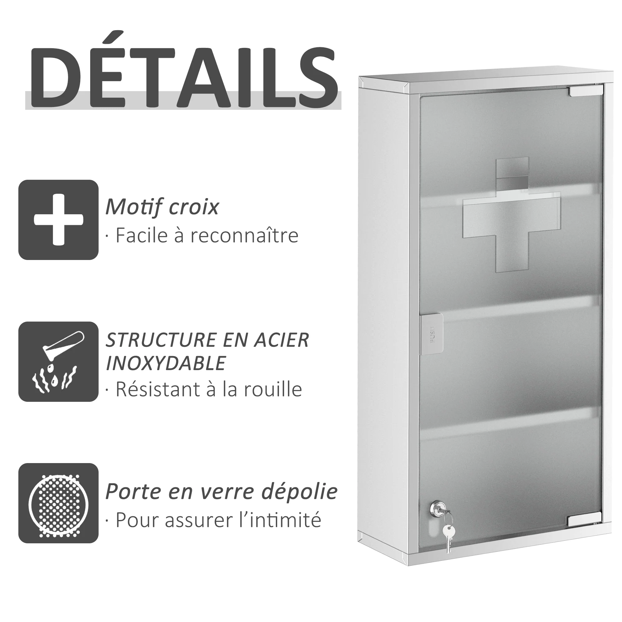 Armoire à Pharmacie 3 étagères 4 Niveaux 30L x 12l x 60H cm Porte Verre trempé Symbole Croix Acier Inoxydable brossé - Image 8