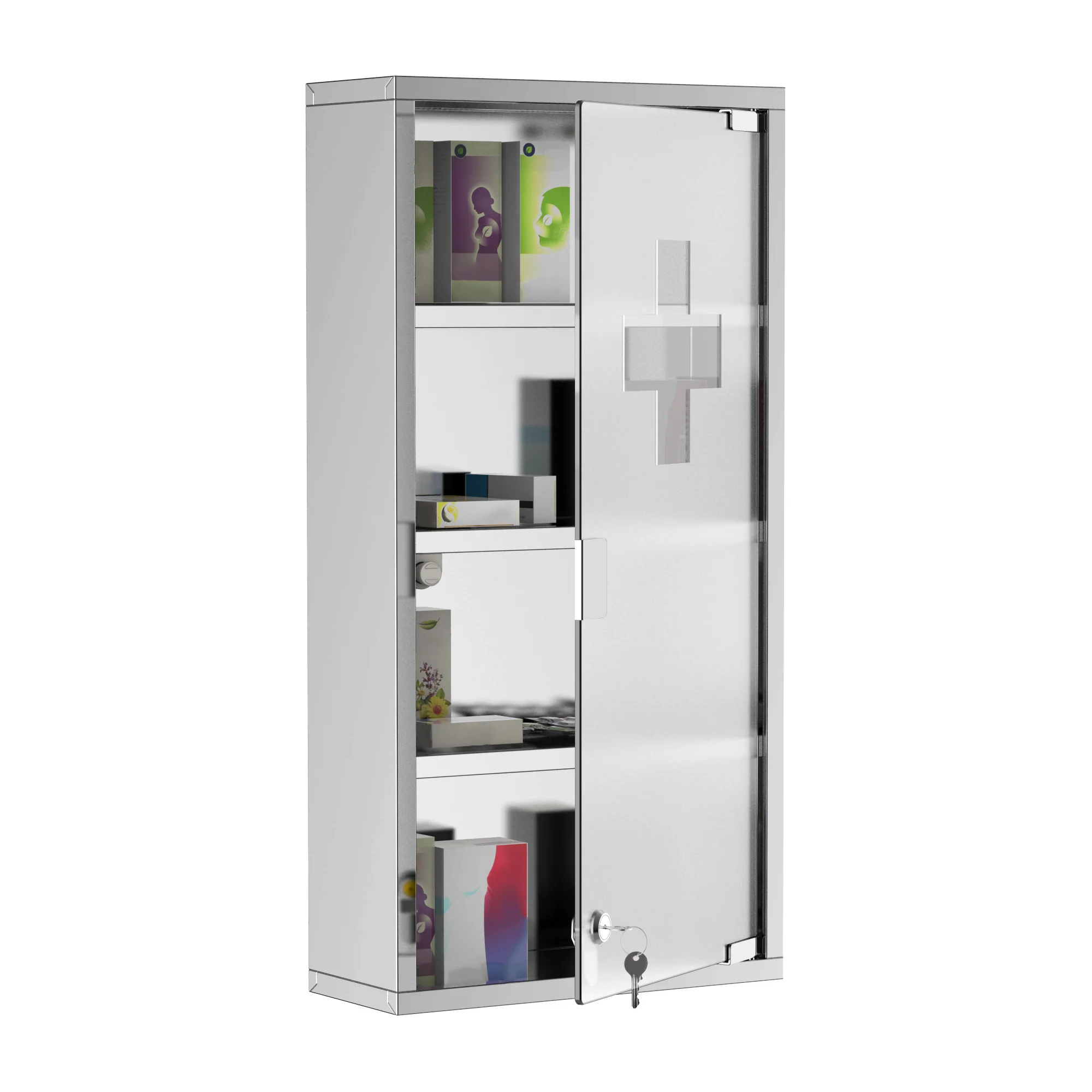 Armoire à Pharmacie 3 étagères 4 Niveaux 30L x 12l x 60H cm Porte Verre trempé Symbole Croix Acier Inoxydable brossé - Image 9