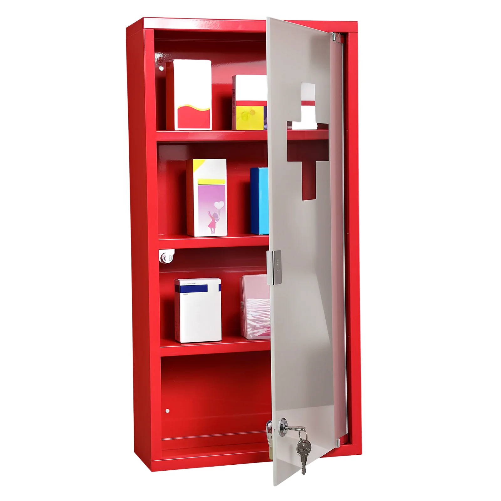 Armoire à Pharmacie 3 étagères 4 Niveaux verrouillable Porte Verre trempé dépoli Logo Croix 30L x 12l x 60H cm Acier Rouge - Image 11