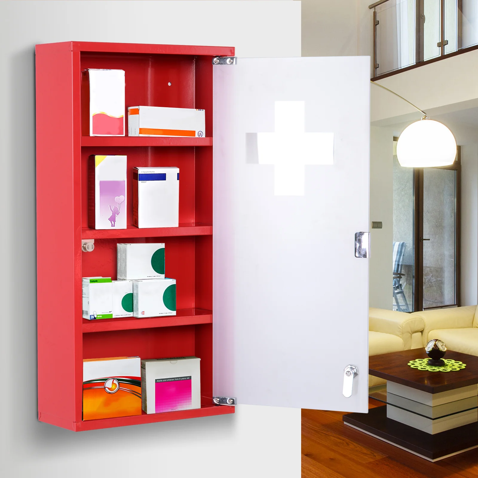 Armoire à Pharmacie 3 étagères 4 Niveaux verrouillable Porte Verre trempé dépoli Logo Croix 30L x 12l x 60H cm Acier Rouge - Image 3