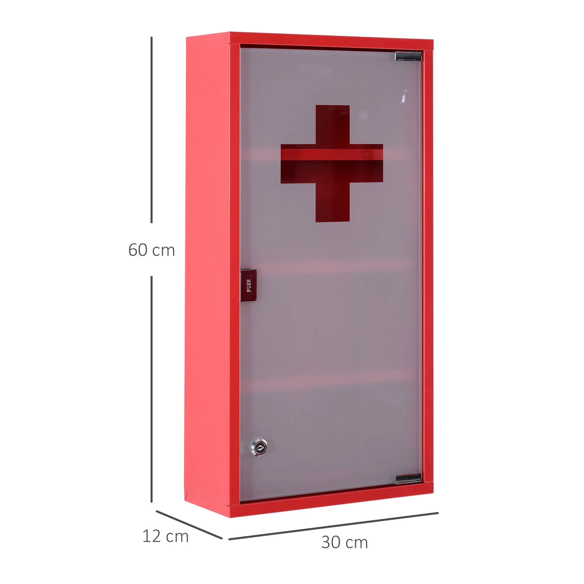 Armoire à Pharmacie 3 étagères 4 Niveaux verrouillable Porte Verre trempé dépoli Logo Croix 30L x 12l x 60H cm Acier Rouge - Image 4
