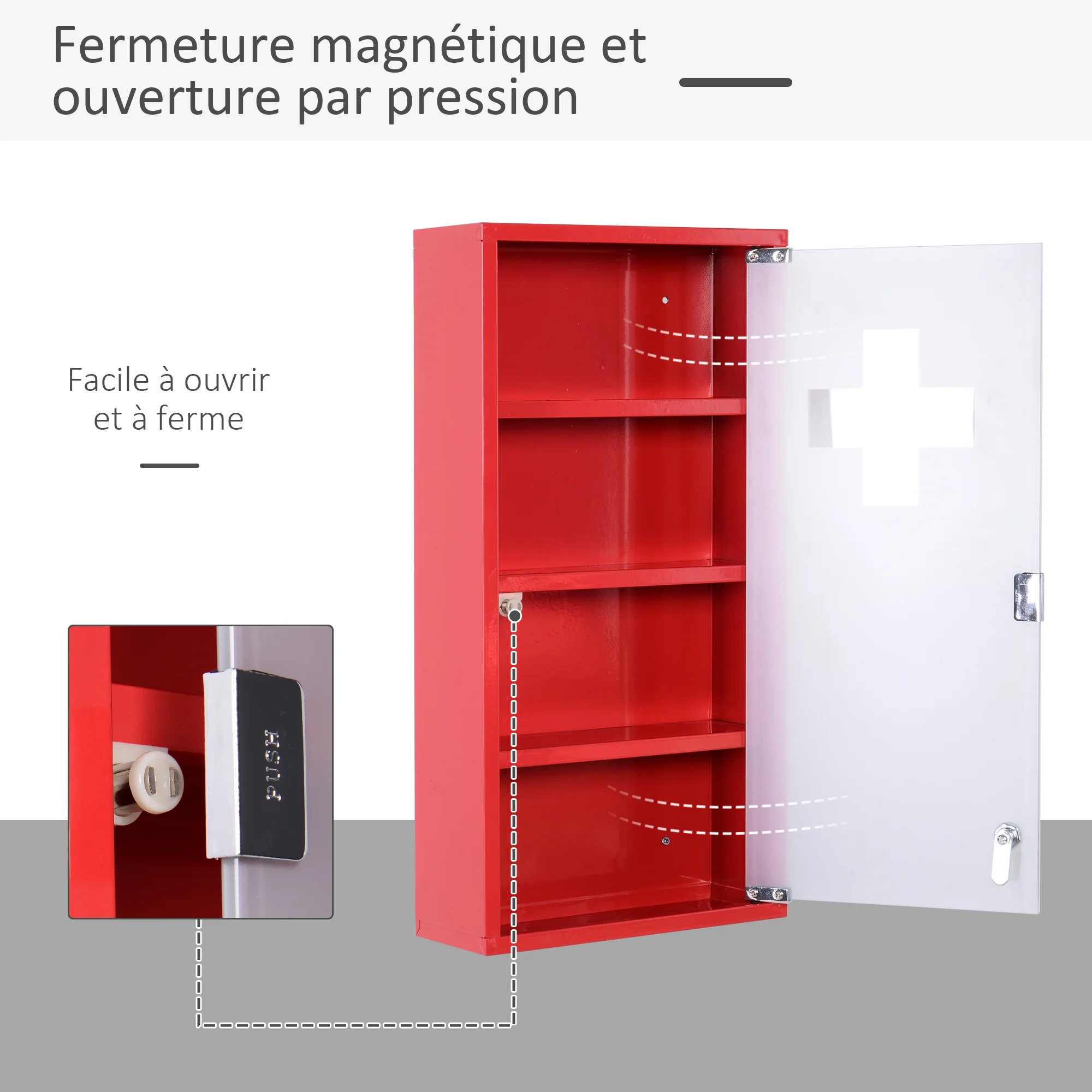 Armoire à Pharmacie 3 étagères 4 Niveaux verrouillable Porte Verre trempé dépoli Logo Croix 30L x 12l x 60H cm Acier Rouge - Image 5