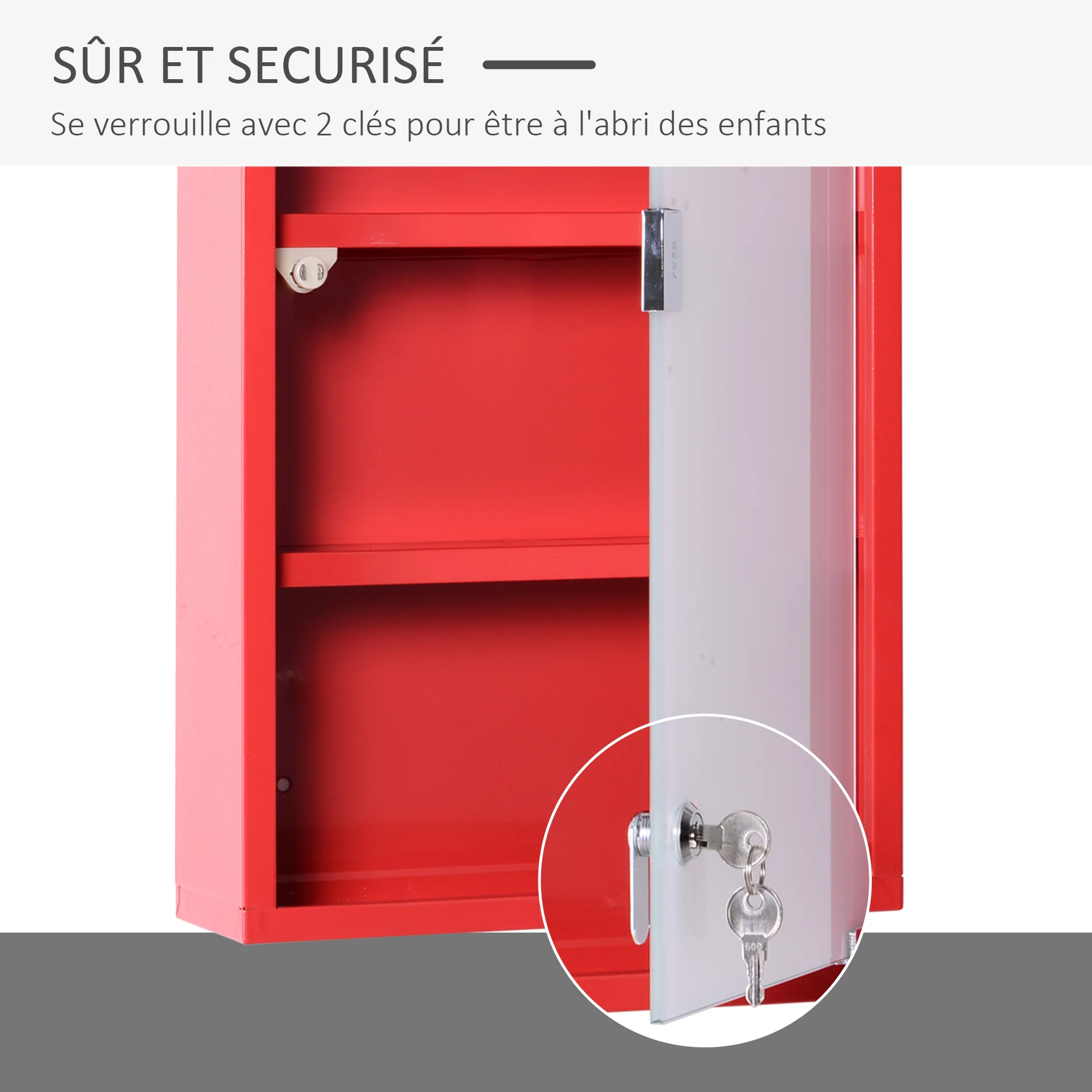 Armoire à Pharmacie 3 étagères 4 Niveaux verrouillable Porte Verre trempé dépoli Logo Croix 30L x 12l x 60H cm Acier Rouge - Image 6