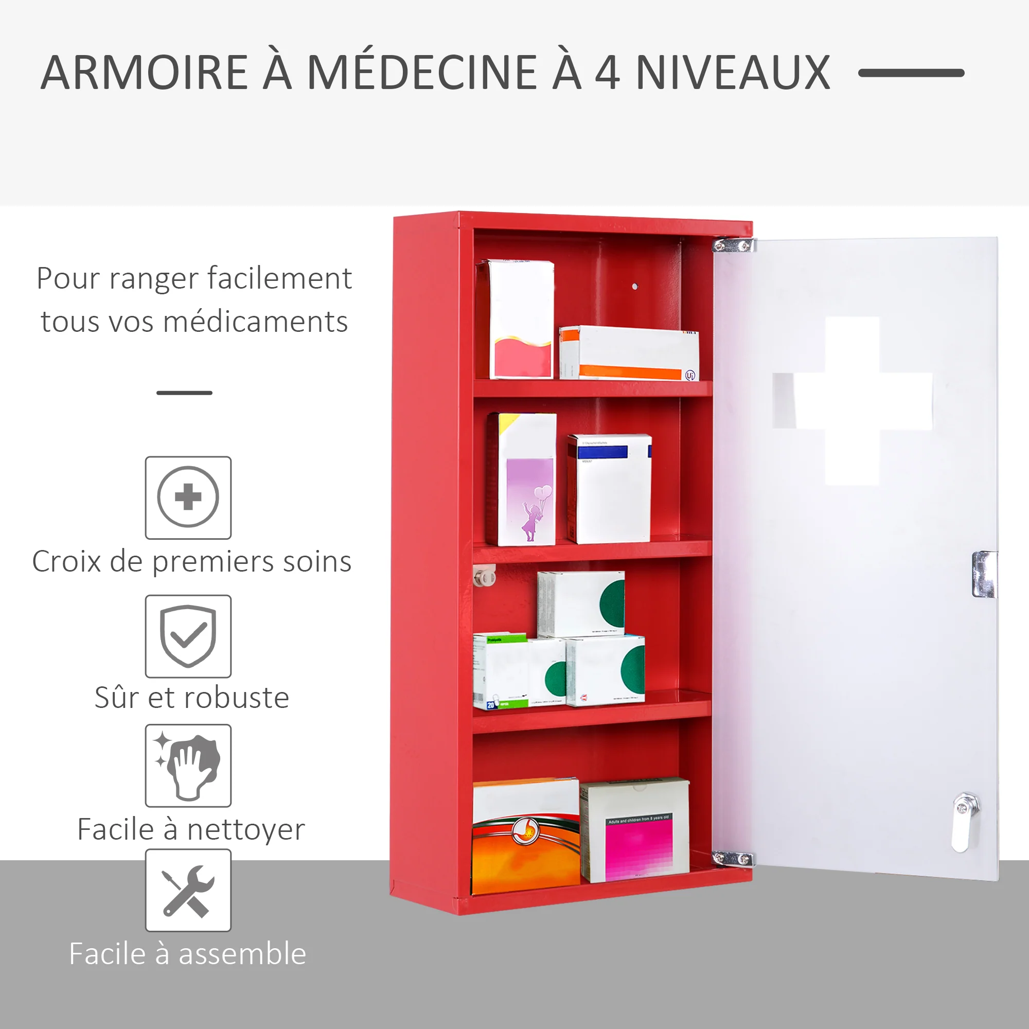 Armoire à Pharmacie 3 étagères 4 Niveaux verrouillable Porte Verre trempé dépoli Logo Croix 30L x 12l x 60H cm Acier Rouge - Image 7