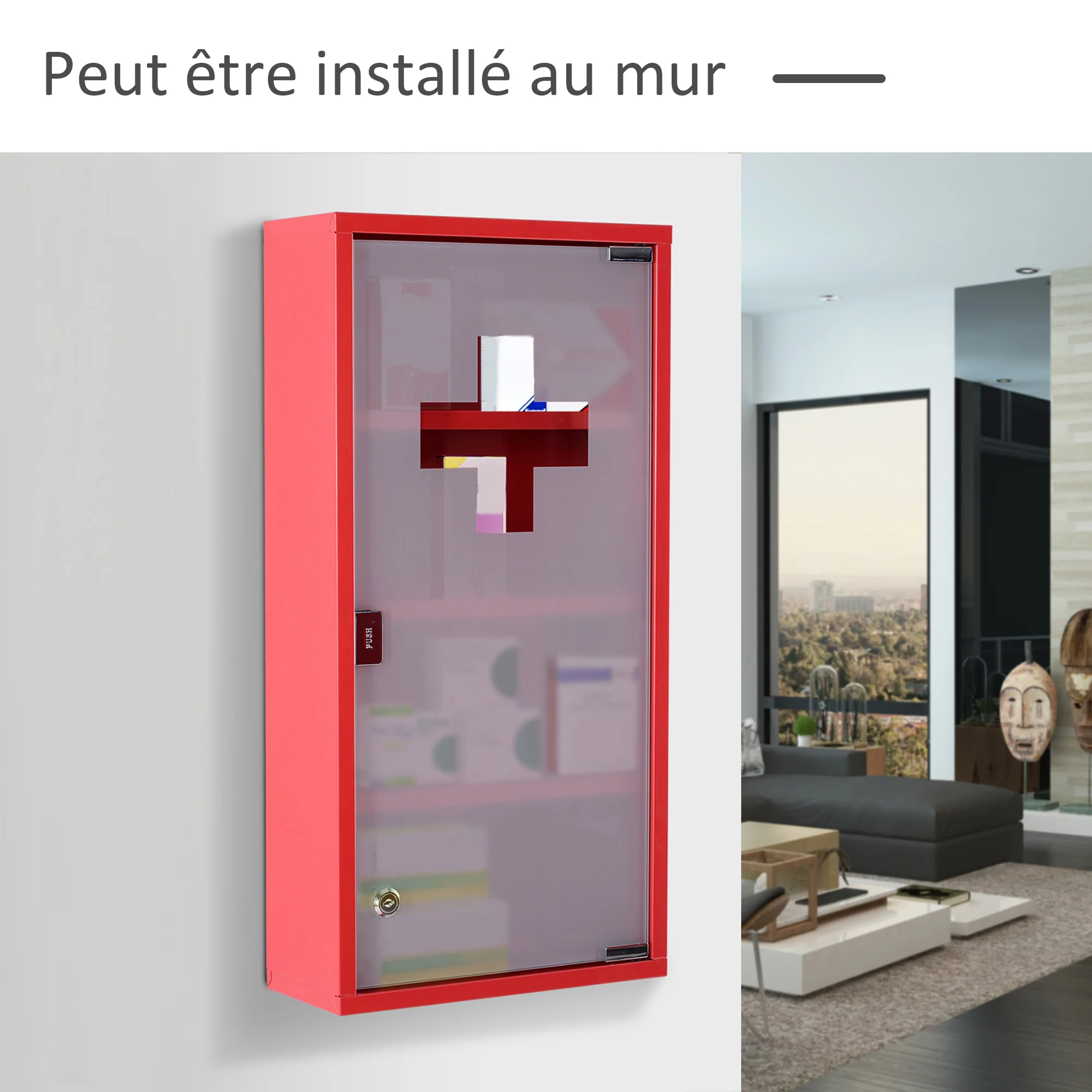 Armoire à Pharmacie 3 étagères 4 Niveaux verrouillable Porte Verre trempé dépoli Logo Croix 30L x 12l x 60H cm Acier Rouge - Image 8