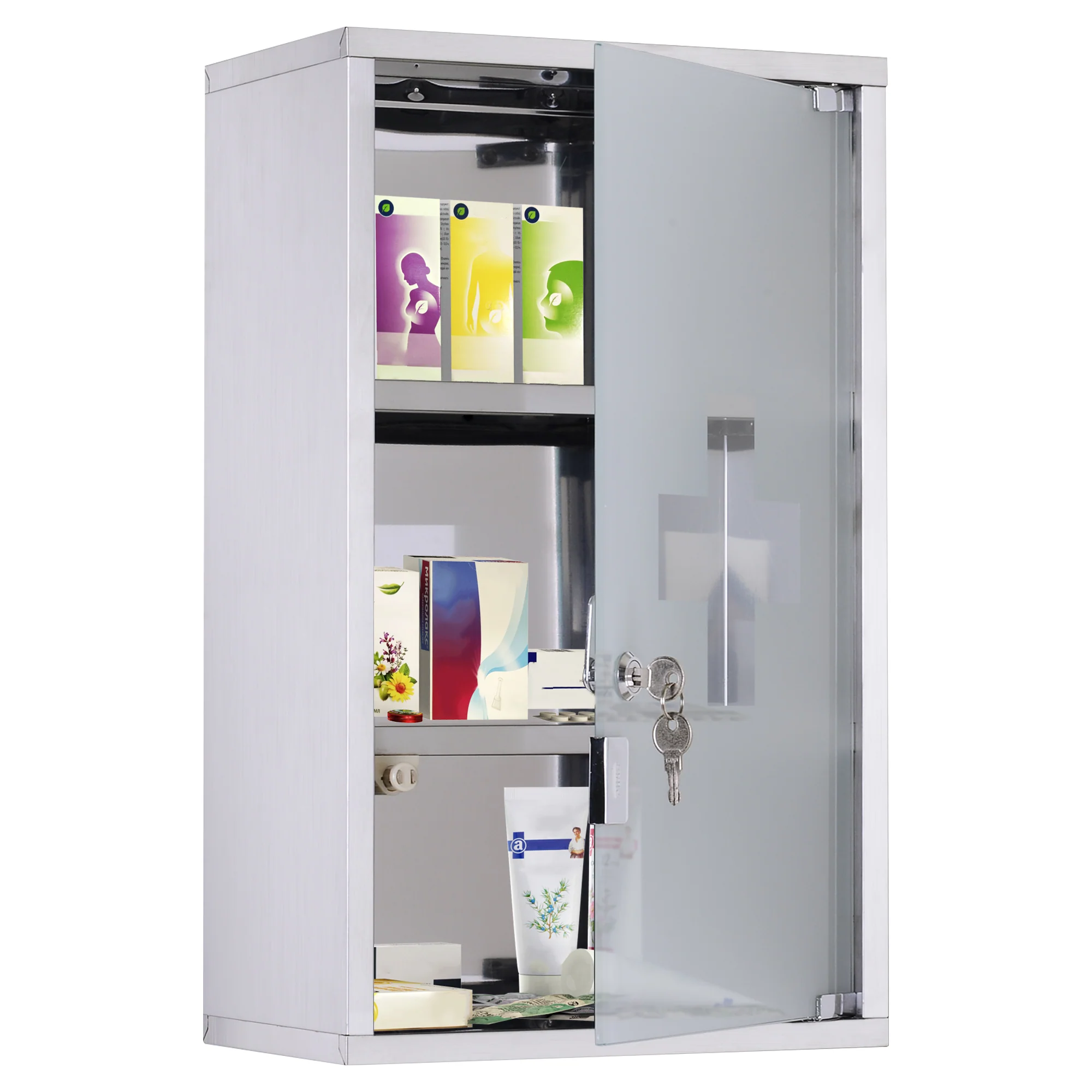 Armoire à pharmacie murale à 3 niveaux en acier inoxydable avec porte verrouillable en verre avec 2 clés étagères de rangement argent - Image 11
