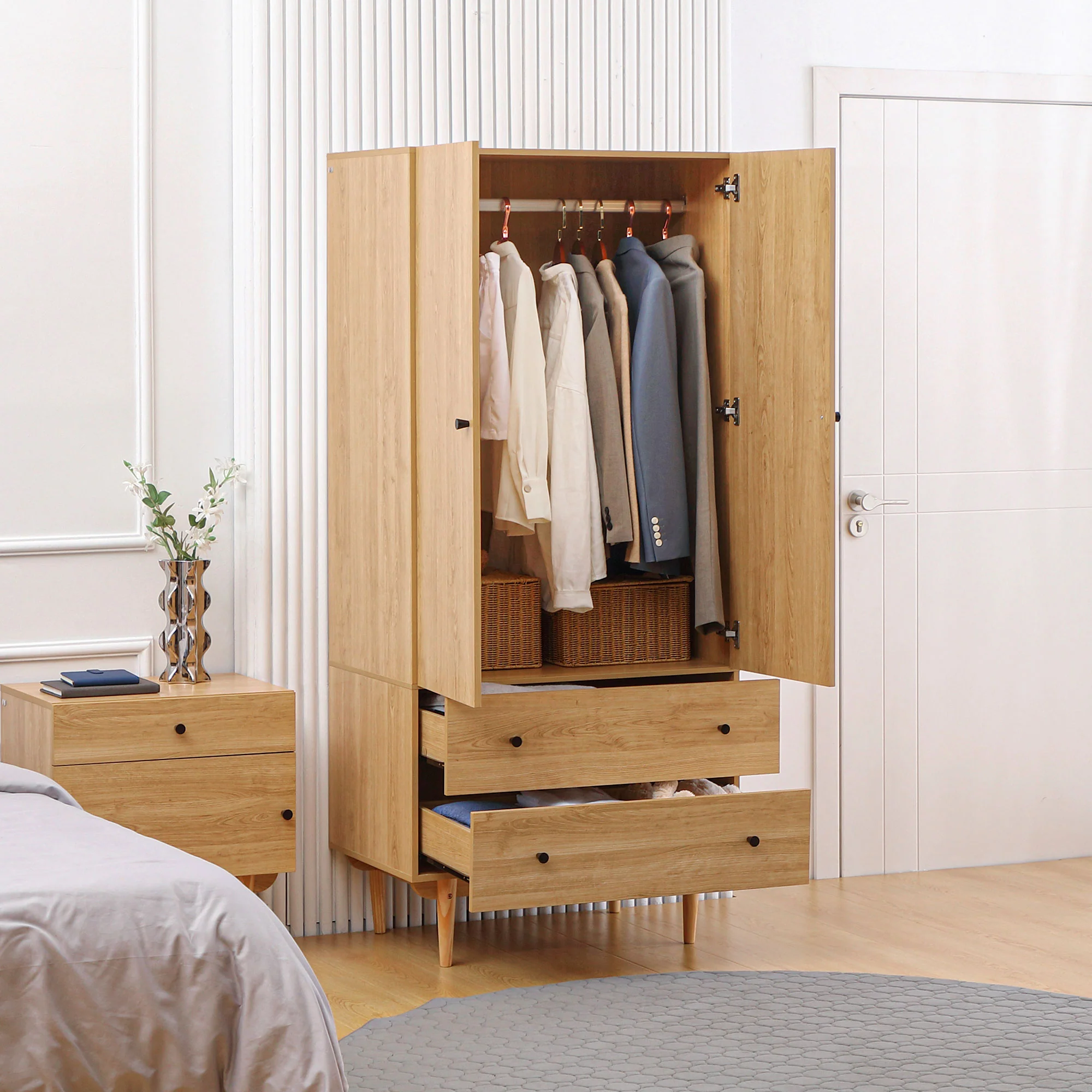 Armoire Chambre Adulte Penderie Vêtement Dressing avec 2 Portes, 2 tiroirs - 80 x 52 x 180 cm - Aspect Bois - Image 3