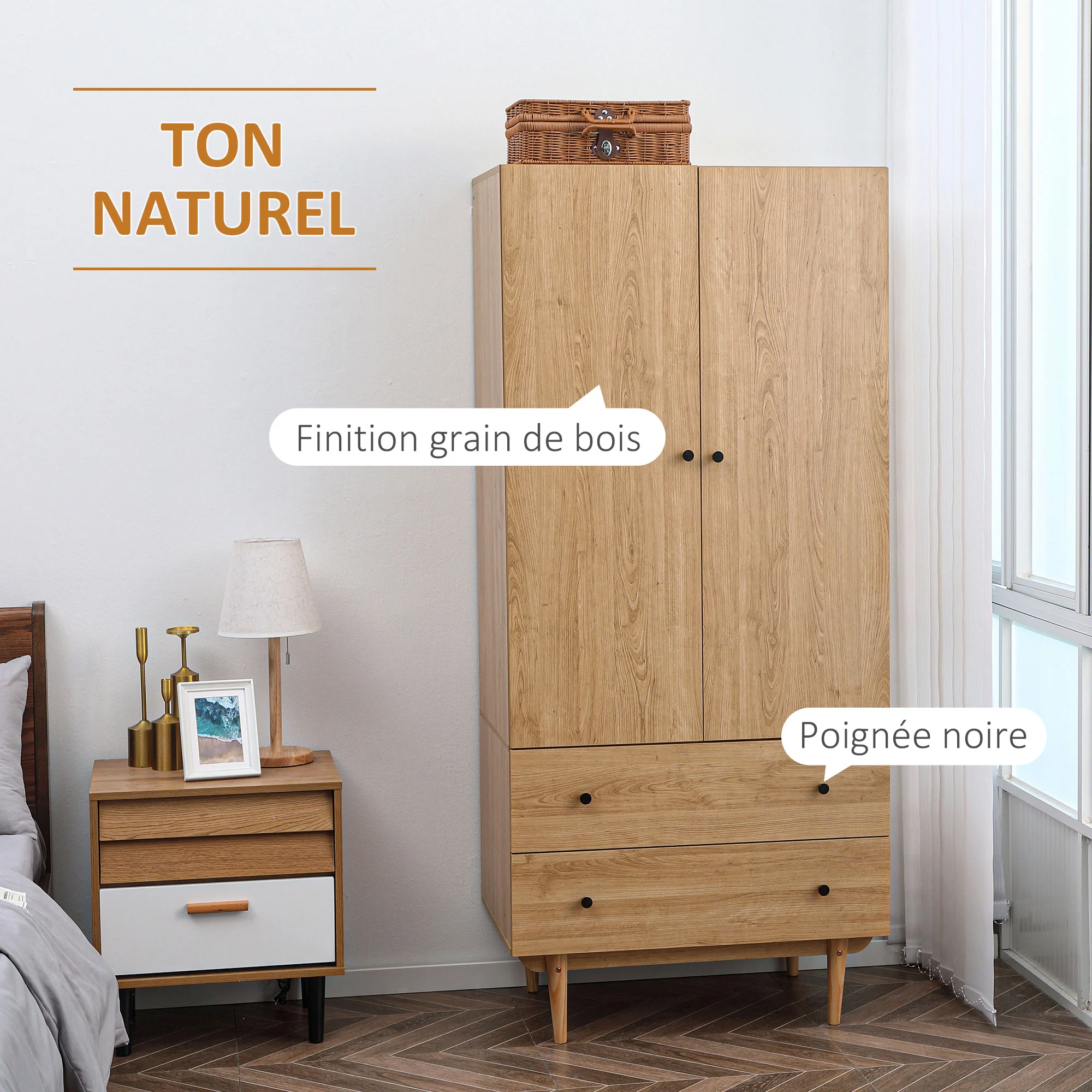 Armoire Chambre Adulte Penderie Vêtement Dressing avec 2 Portes, 2 tiroirs - 80 x 52 x 180 cm - Aspect Bois - Image 5