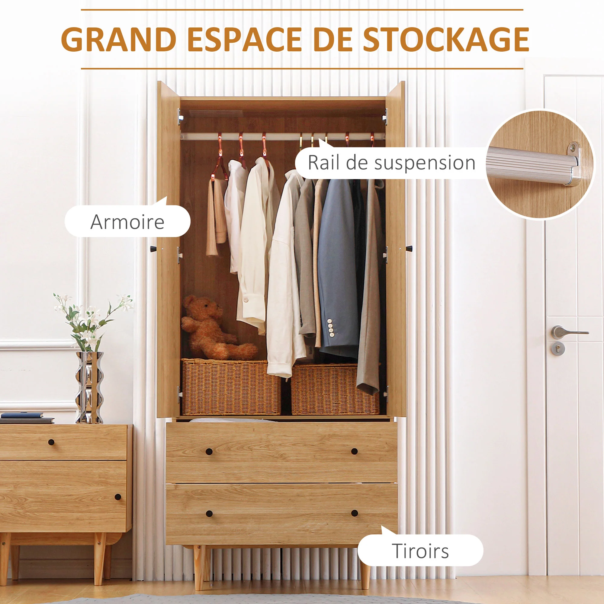 Armoire Chambre Adulte Penderie Vêtement Dressing avec 2 Portes, 2 tiroirs - 80 x 52 x 180 cm - Aspect Bois - Image 6