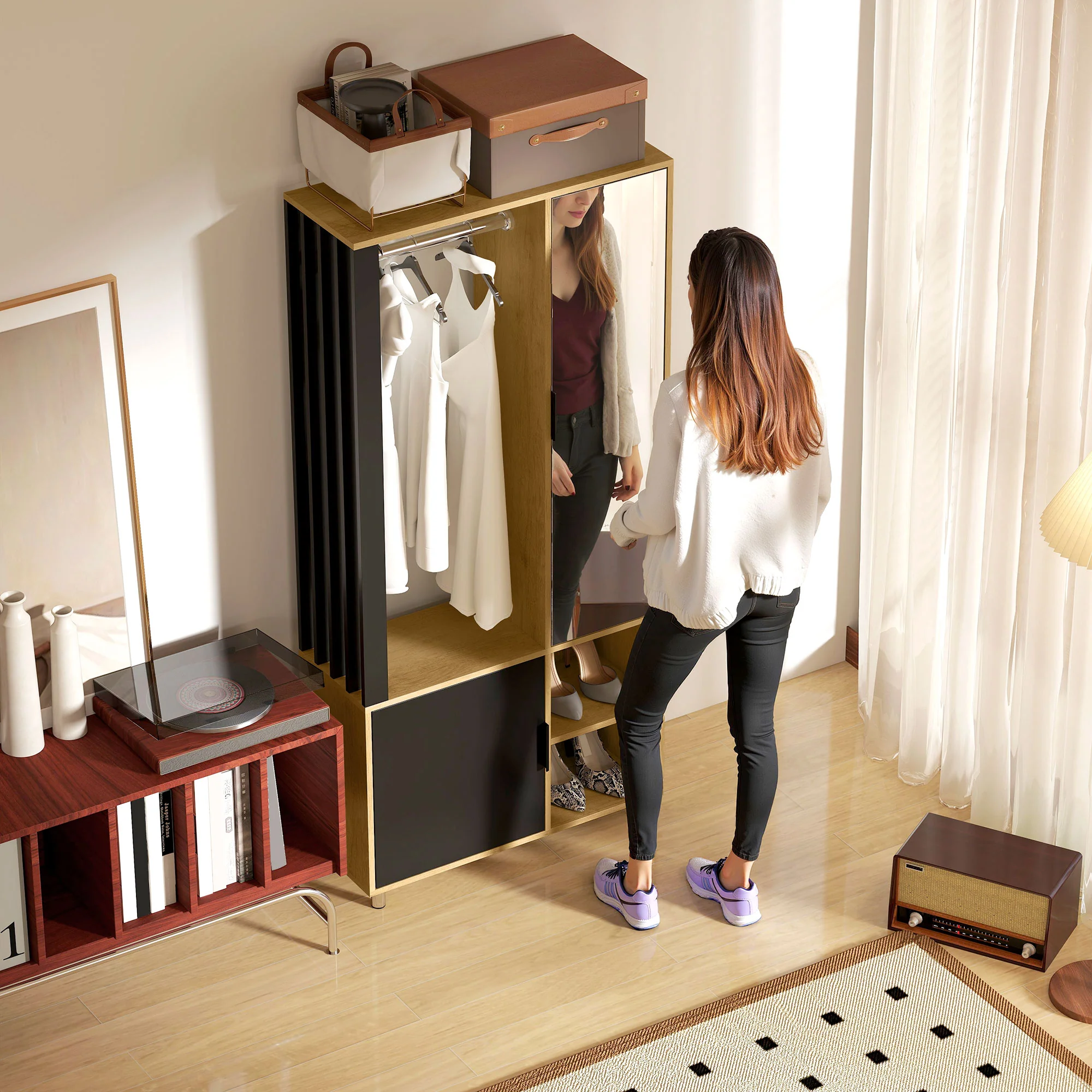 Armoire chambre penderie dressing moderne armoire de rangement avec miroir, compartiments ouverts, placard et tringle de suspension, 80 x 30 x 170 cm, bois naturel - Image 10
